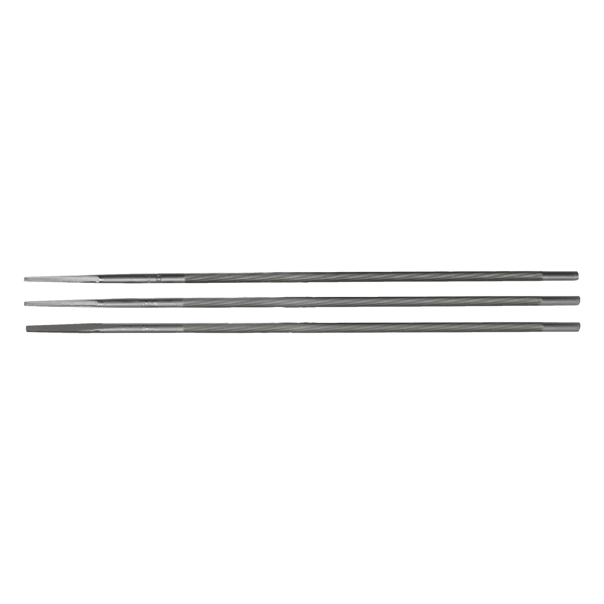 Tre Oregon-rundfiler från ett 3-pack är uppradade horisontellt. Varje fil har en cylindrisk form med spiralmönstrade, texturerade handtag, och lätt slitage syns.