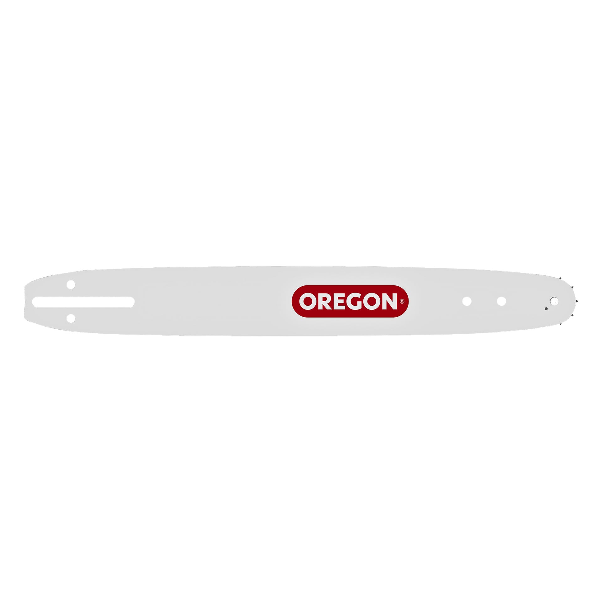 En metallisk motorsågsstång från Oregon, med en djärv röd rektangel med "OREGON" skrivet över mitten, designad med flera hål och spår för montering på en motorsåg.