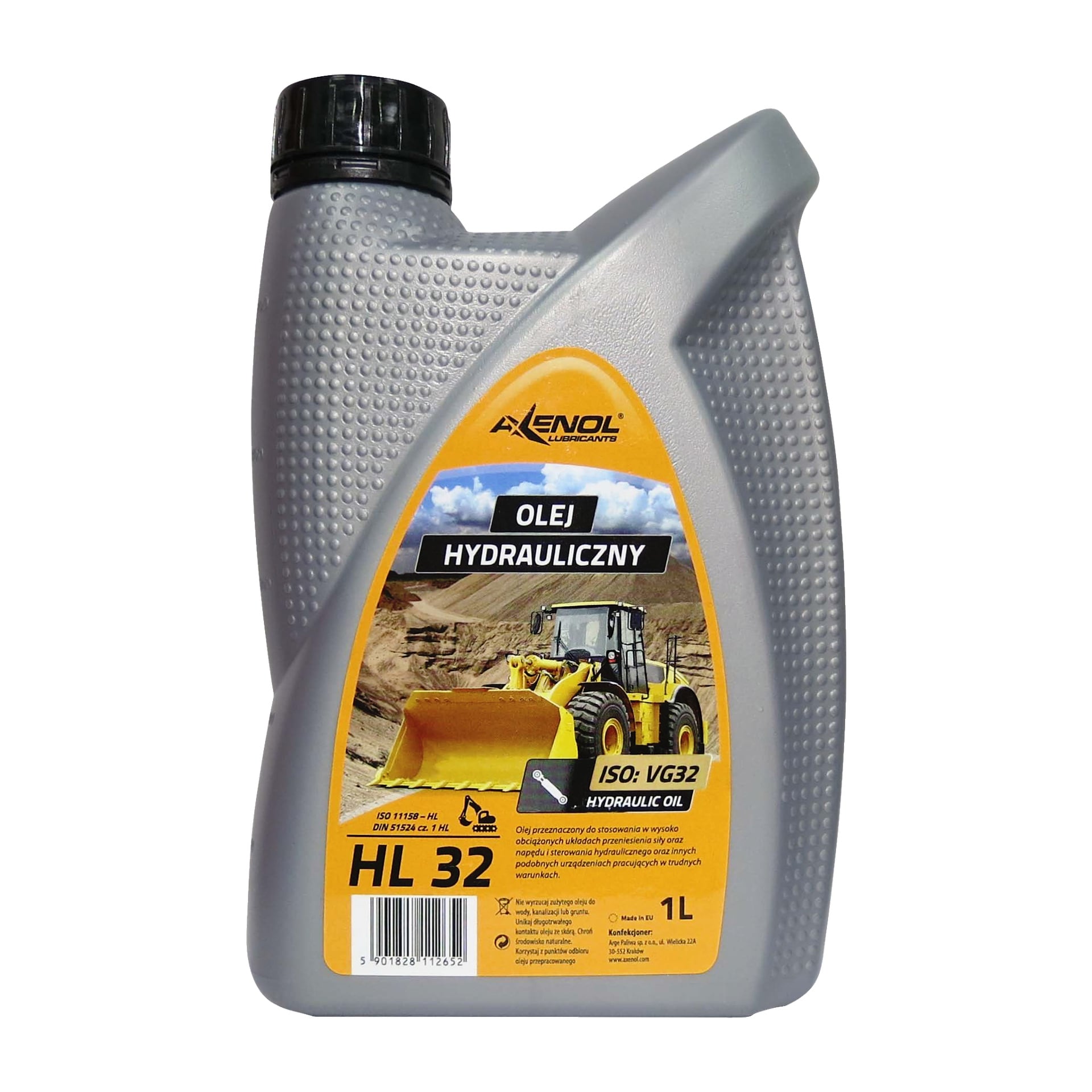 Szara, 1-litrowa plastikowa butelka oleju hydraulicznego Axenol HL 32, z etykietą "Olej hydrauliczny HLP 32" oraz zdjęciem żółtego pojazdu budowlanego z przodem, z czarną nakrętką na wierzchu.