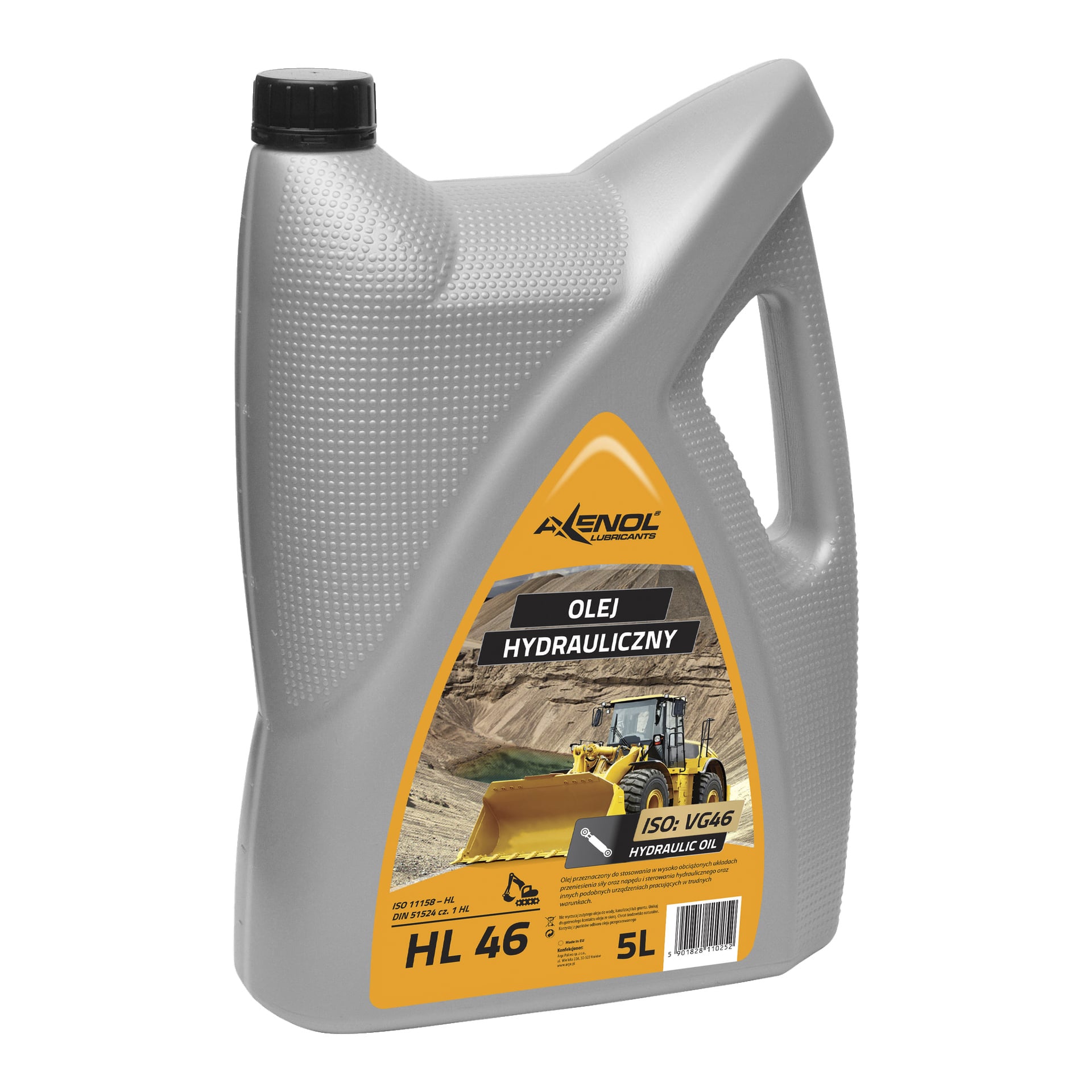 Na wyświetlaczu znajduje się szary, plastikowy pojemnik o pojemności 5 litrów z olejem hydraulicznym Axenol HL-46. Etykieta produktu przedstawia żółty pojazd budowlany i zawiera informacje takie jak ISO VG46, frazę "Olej hydrauliczny" oraz różne szczegóły produktu.