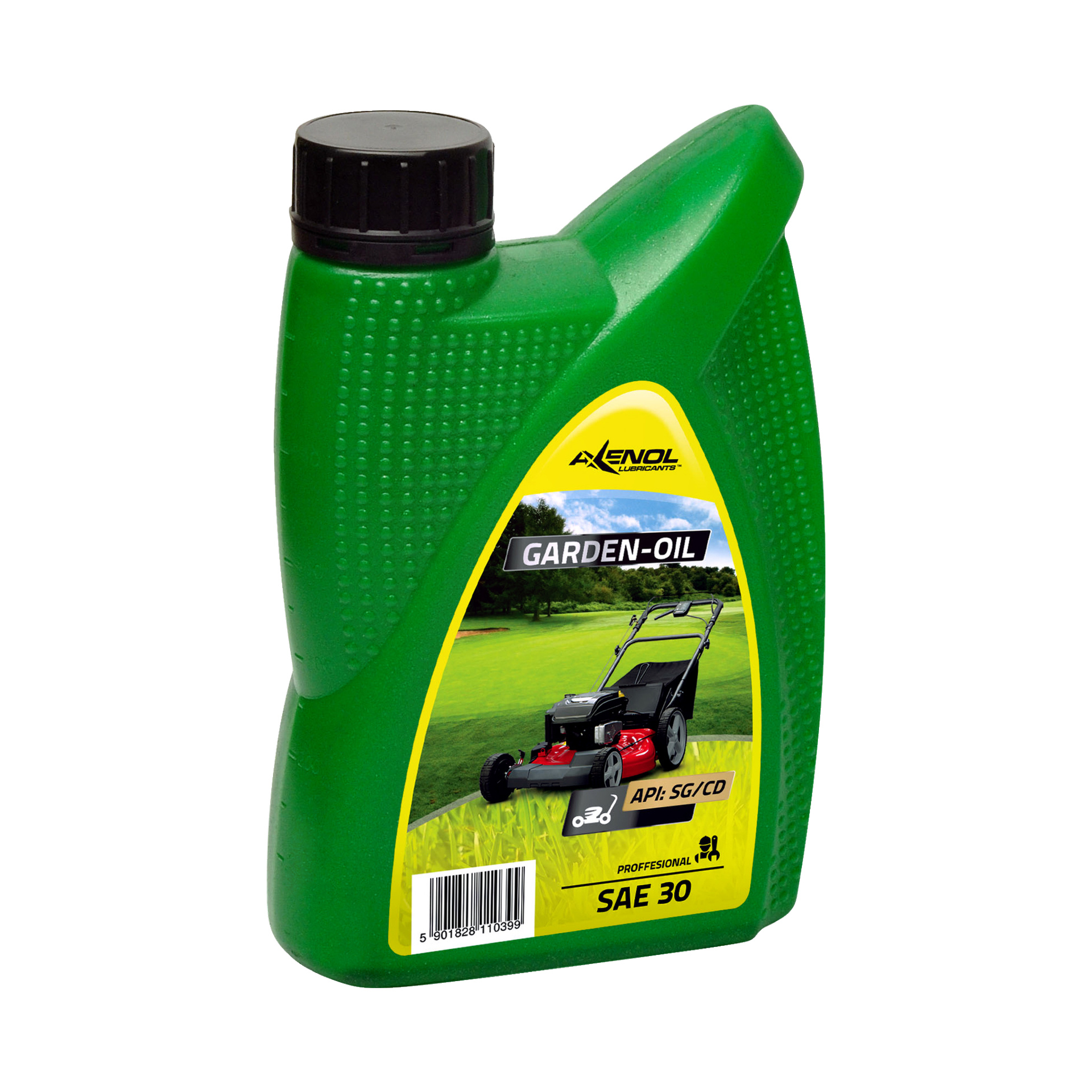 Zielony plastikowy pojemnik z olejem do kosiarki Axenol oznaczony "Garden-Oil SAE 30", z obrazkiem czerwonej kosiarki na trawie. Na etykecie widnieje napis "API: SG/CD", słowo "Professional" oraz kod kreskowy na dole.