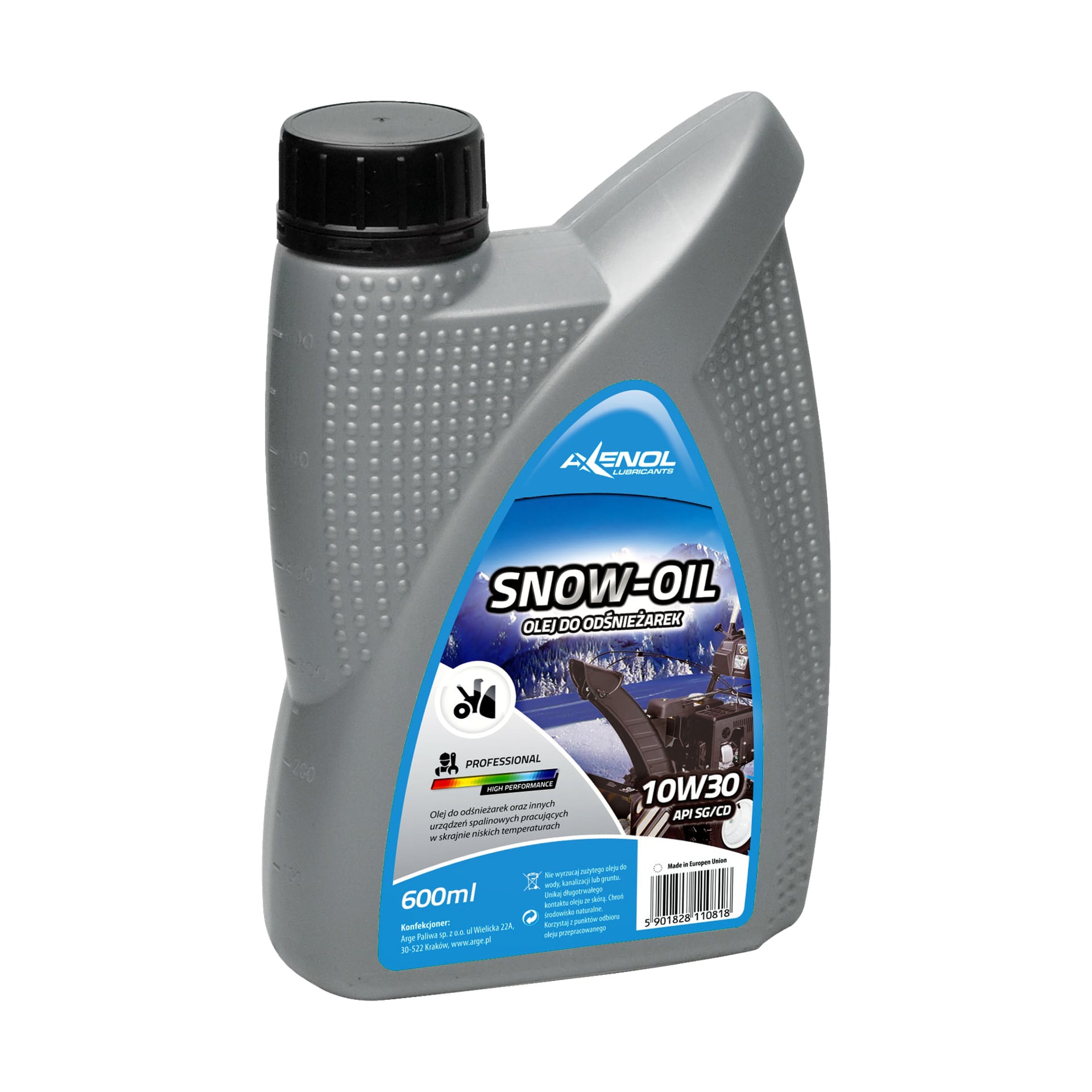 Szara plastikowa butelka Axenol Engine Oil 10W30 o pojemności 600 ml, przeznaczona do odśnieżarki, z etykietą z grafiką odśnieżarki, niebieskimi akcentami i specyfikacją techniczną.