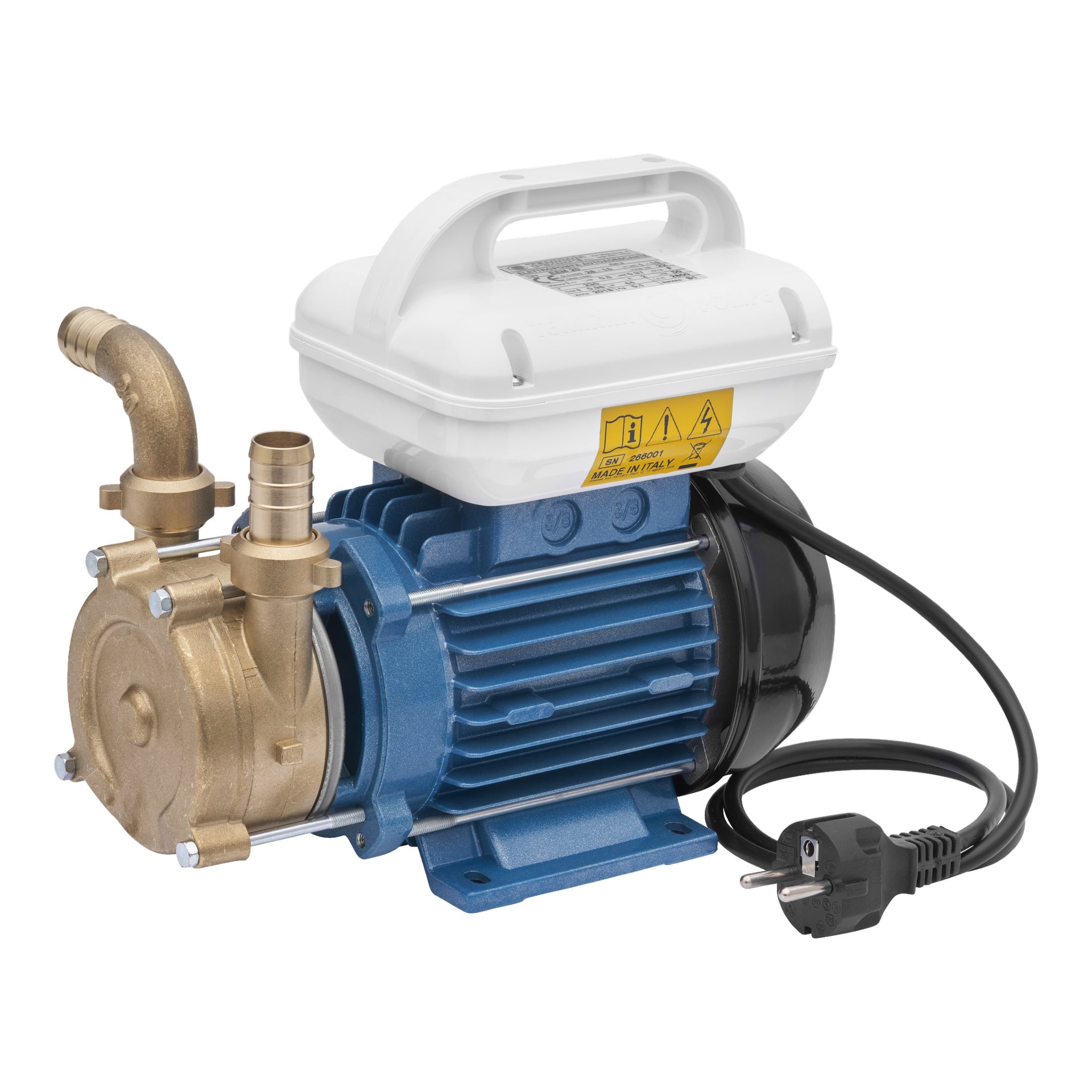 Tellarini Pompe bränslepump EEM20 är en kompakt elektrisk vattenpump med blå motor, kopplingar i messing, ett vitt handtag på toppen med varningsetiketter och en svart strömkabel som slutar i ett kontakt.