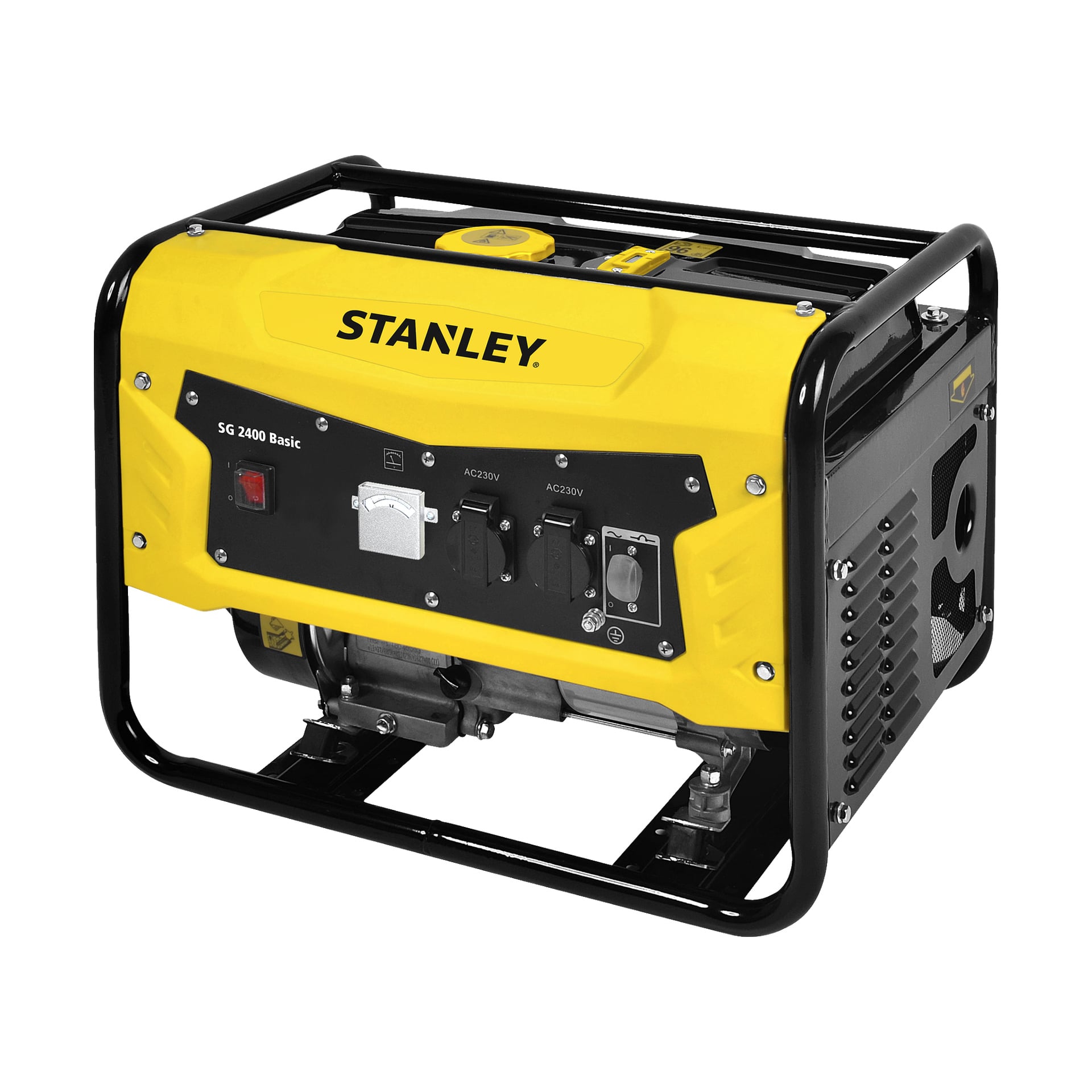 Generator Stanley SG 2400 Basic w kolorze żółto-czarnym z widocznym panelem sterowania, kilkoma gniazdkami i solidną metalową ramą zaprojektowaną zarówno do ochrony, jak i łatwego transportu.