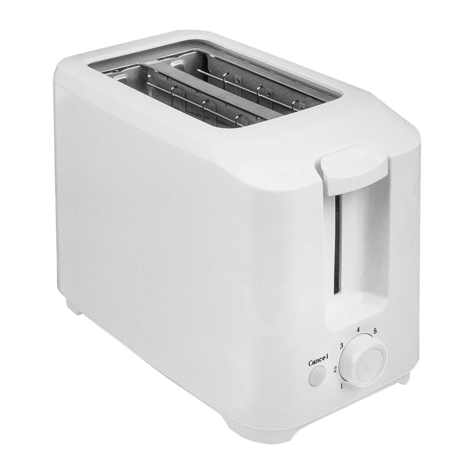 Hvit Menuett-toaster med to spor og en bruningskontrollknapp merket 1 til 5 og en Avbryt-knapp.