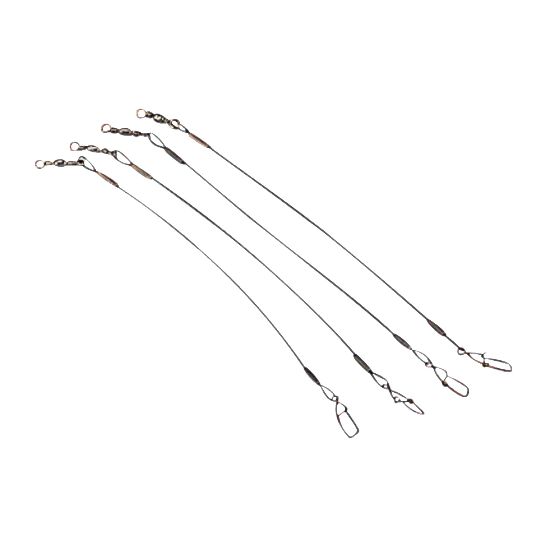 Tre svarta Abu Garcia Leaders, sålda som en 3-pack, är arrangerade i en diagonal linje. Varje tafs är gjord av tunn tråd och har metallvridningar och snäpp i varje ände för att fästa vid fiskelinor och drag.