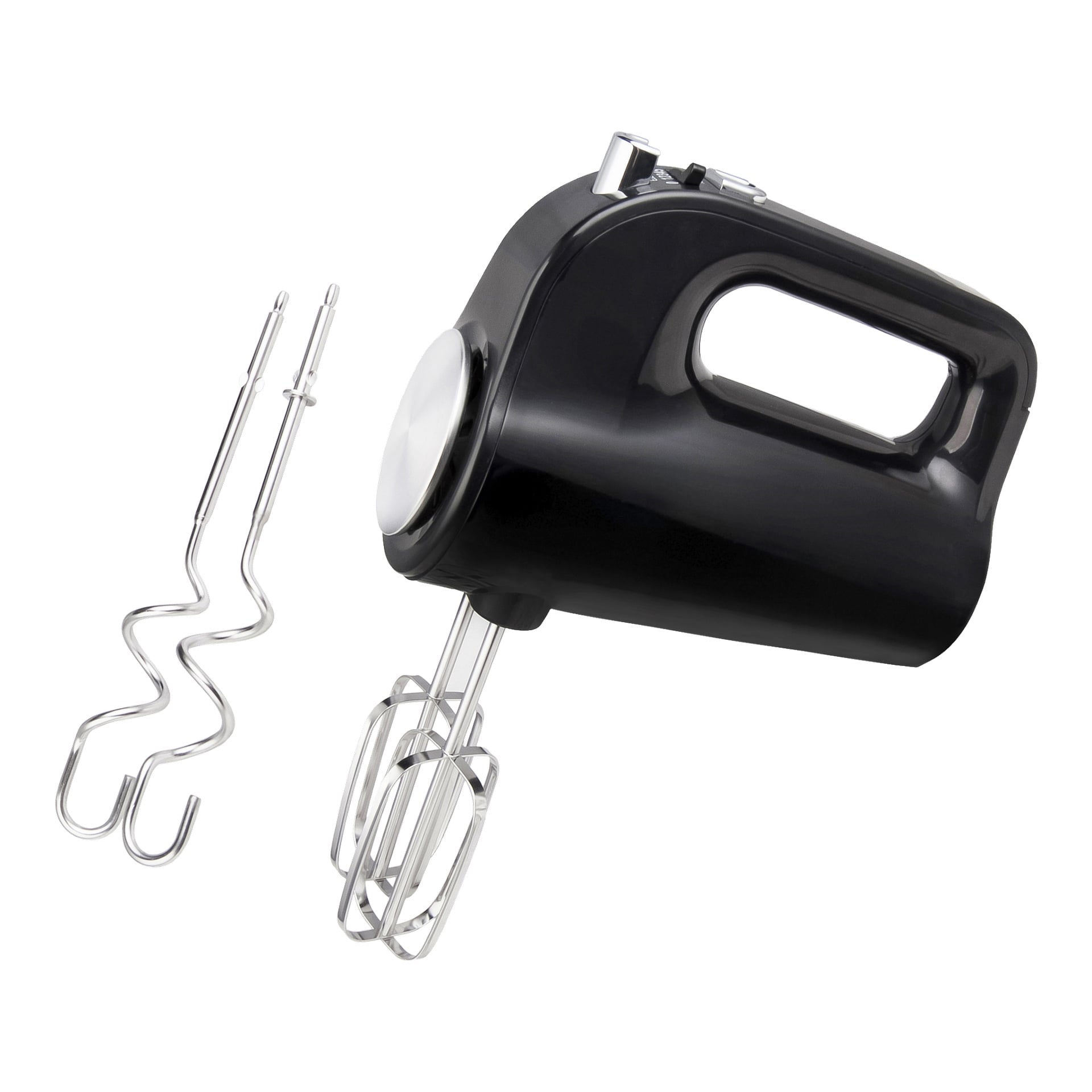 En svart Menuett elektrisk handmixer med två metallslagare placeras bredvid ett par degkrokar.