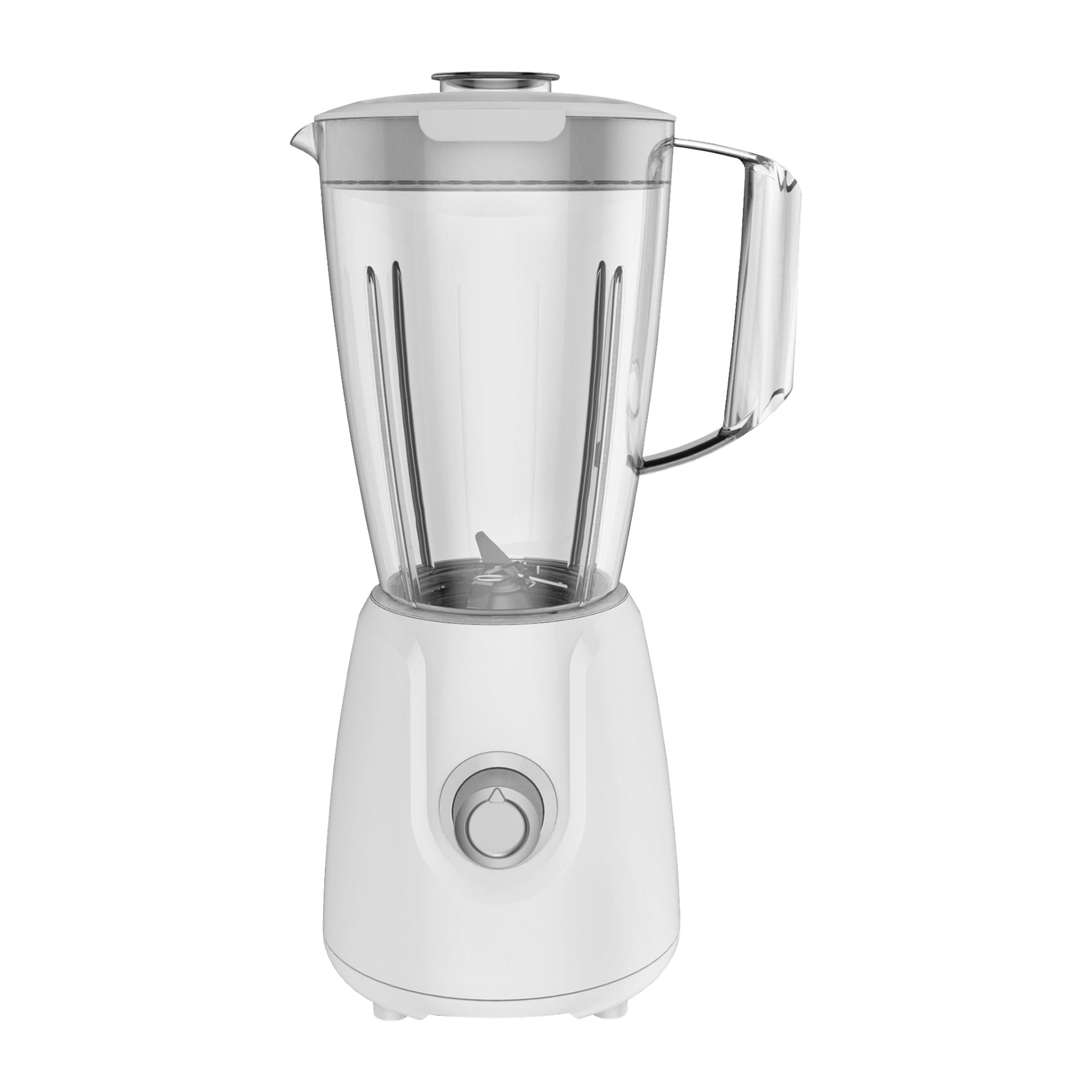 Blender Menuett z białą podstawą, jednym okrągłym pokrętłem sterującym i przezroczystym dzbankiem z uchwytem i pokrywką.