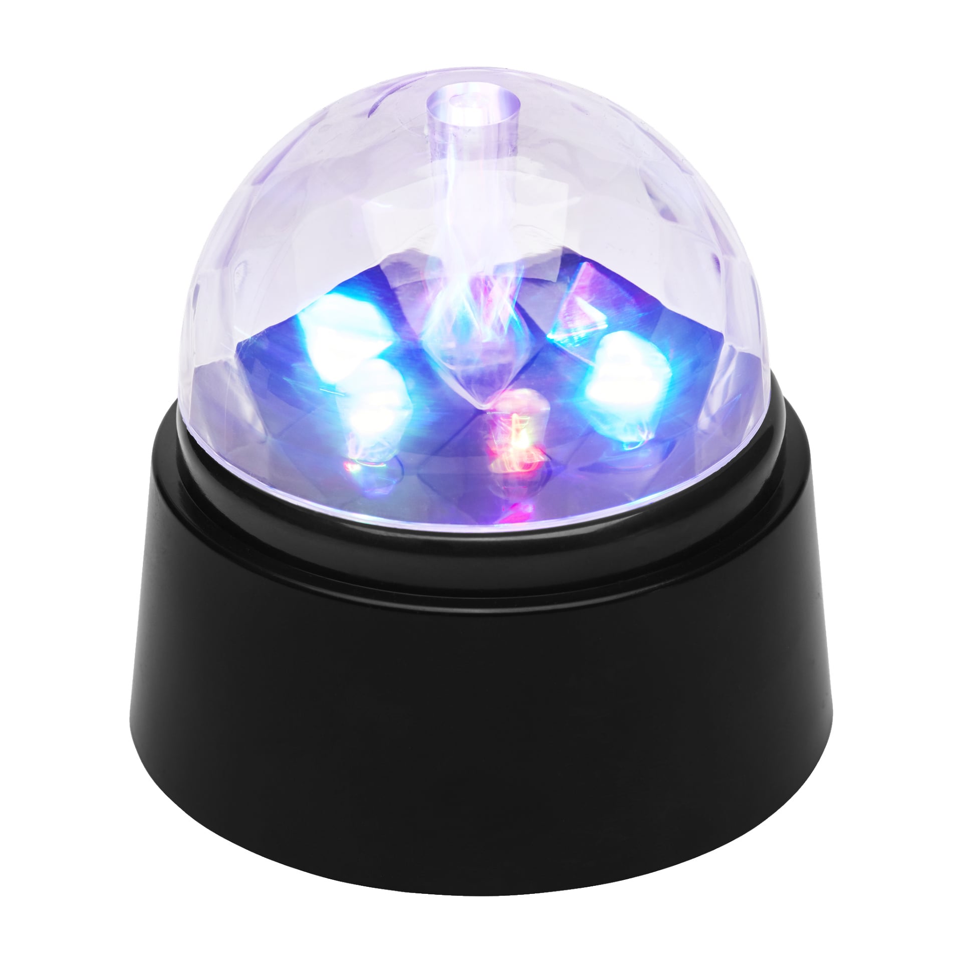 En klar kuppel med flere små blå, røde og gule LED-lys står på en svart base fra Anslut Disco Ball, og kaster livlige farger inne i kuppelen.