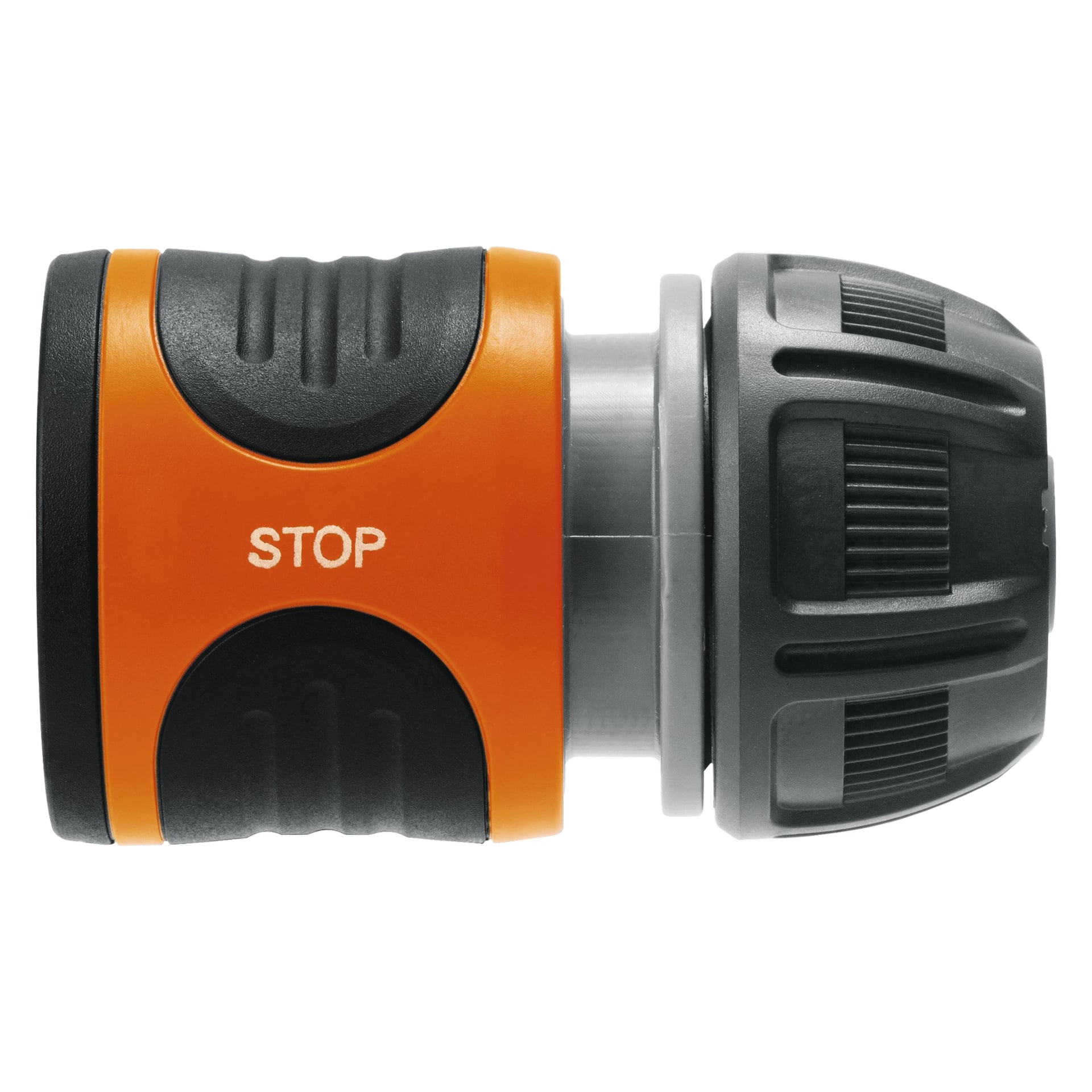 Närbild av en trädgårdsslangskontakt med Gardena Stop-kontakt med en orange och svart kropp märkt "STOP" till vänster. Höger sida är grå och svart, designad med räfflade grepp för enkel åtstramning eller lossning.