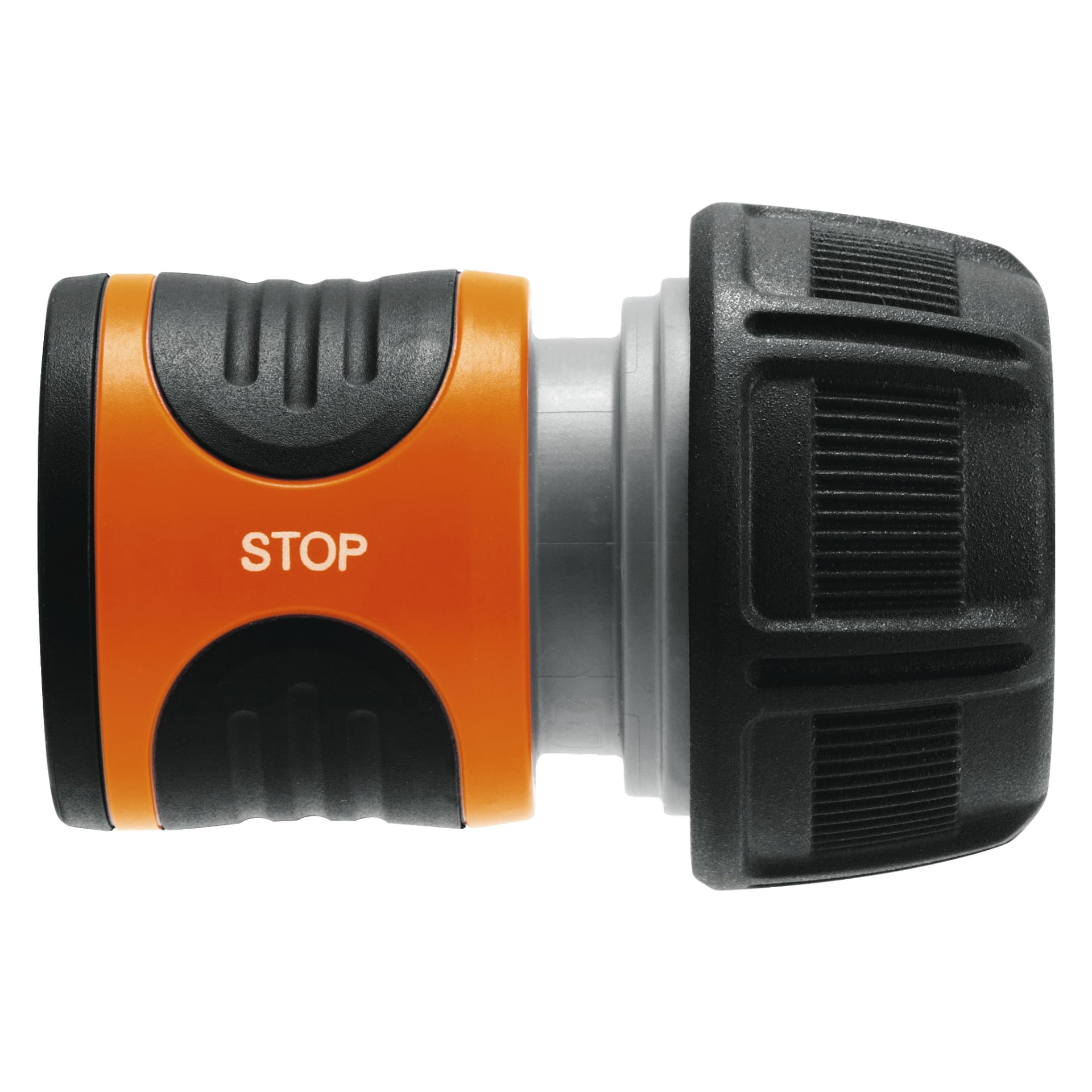 En detaljerad vy av Gardena Stop-connector, ett plastslangtillbehör med orange och svart färg. Den orangea sektionen visar ordet "STOP" och kontakten har en räfflad yta för bättre grepp.