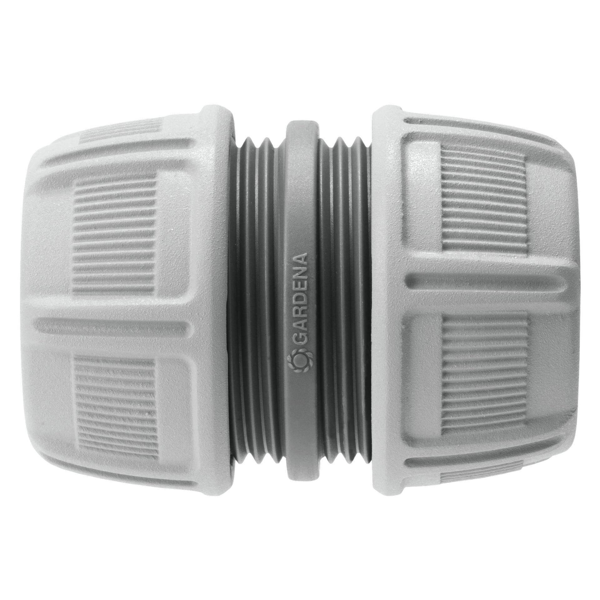 Närbild av Gardena Hose Connector, som visar dess två texturerade cylindriska ändar och en gängad mittdel, avsedd för att sammanfoga två separata slangsektioner.