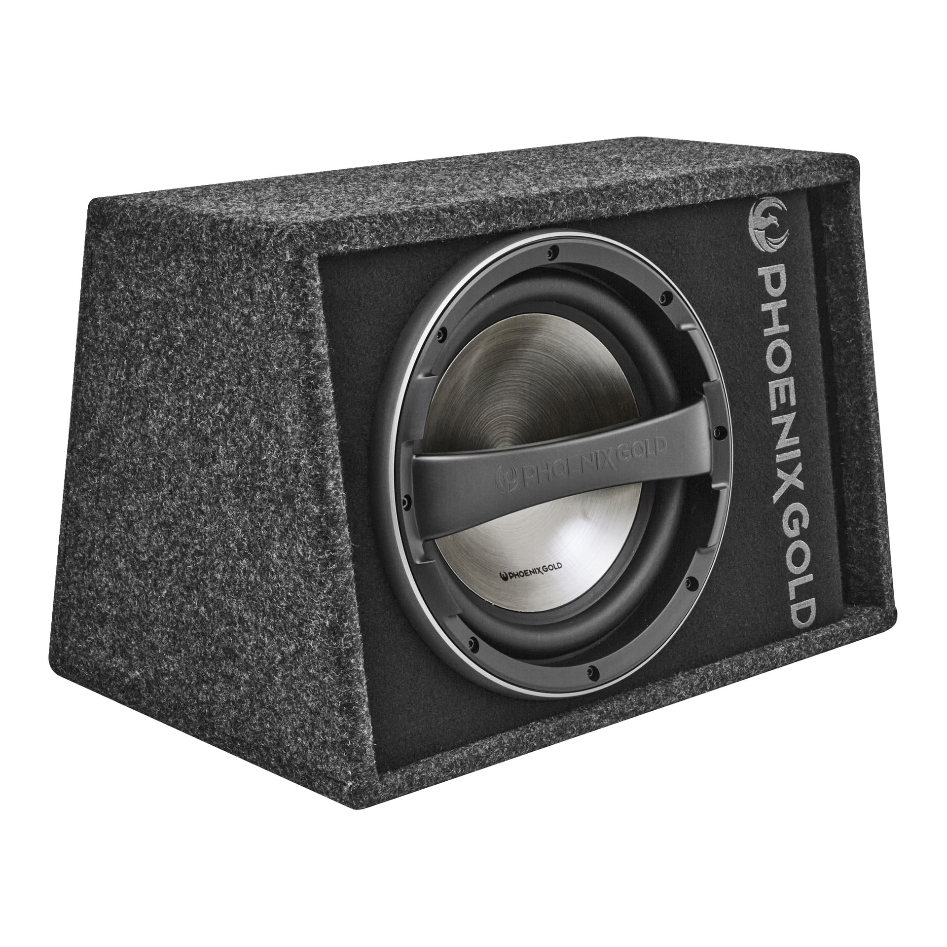 Harmaa Phoenix Gold Z112ABV2 -subwoofer matolla päällystetyssä laatikossa, jossa on metallinen etusäleikkö ja "Phoenix Gold" -painettuna etuosassa.