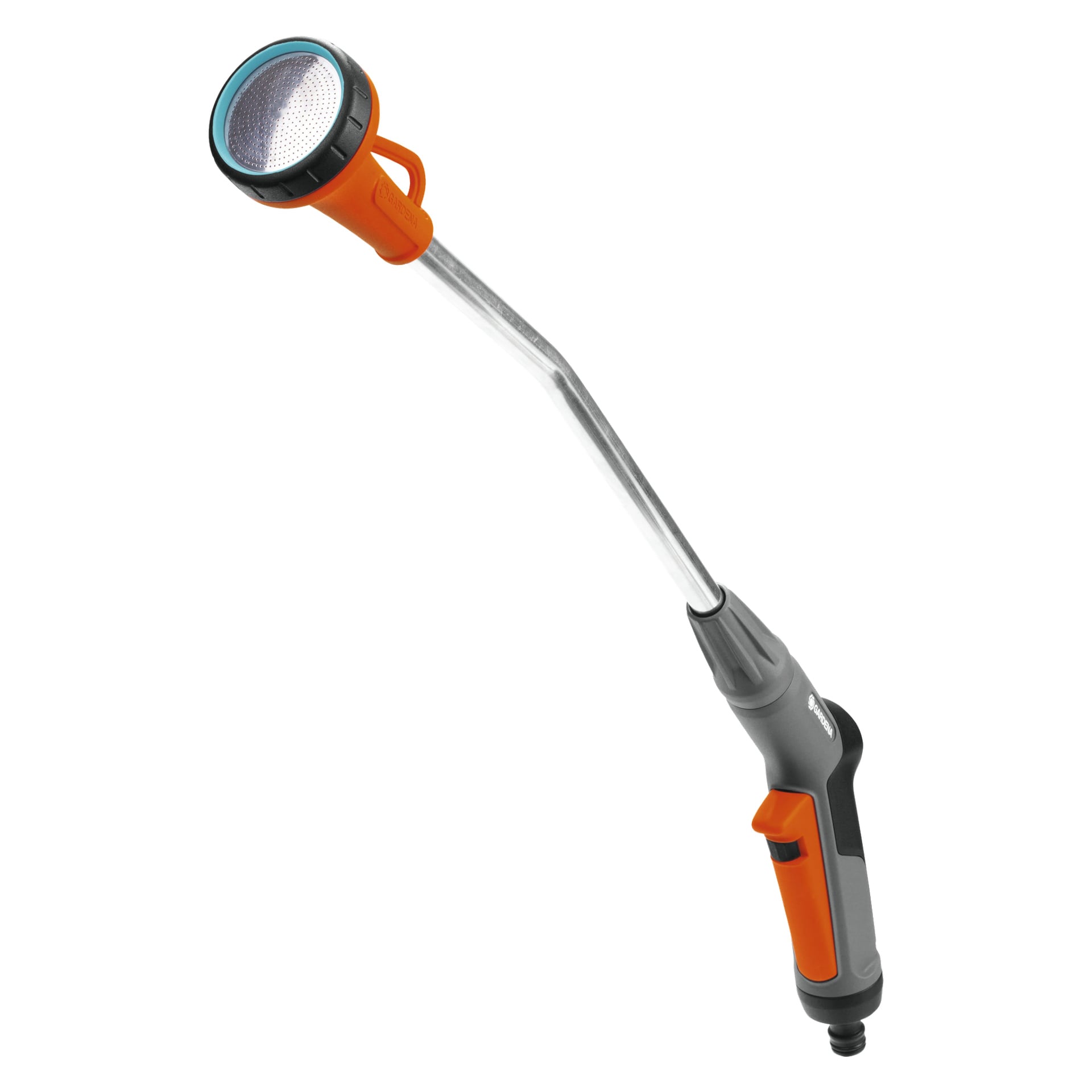 En Gardena Sprinkler Rod Classic med ett orange och grått handtag, utrustad med vattenkontrollutlösare och ett cirkulärt duschmunstycke på spetsen av dess böjda metallrör.