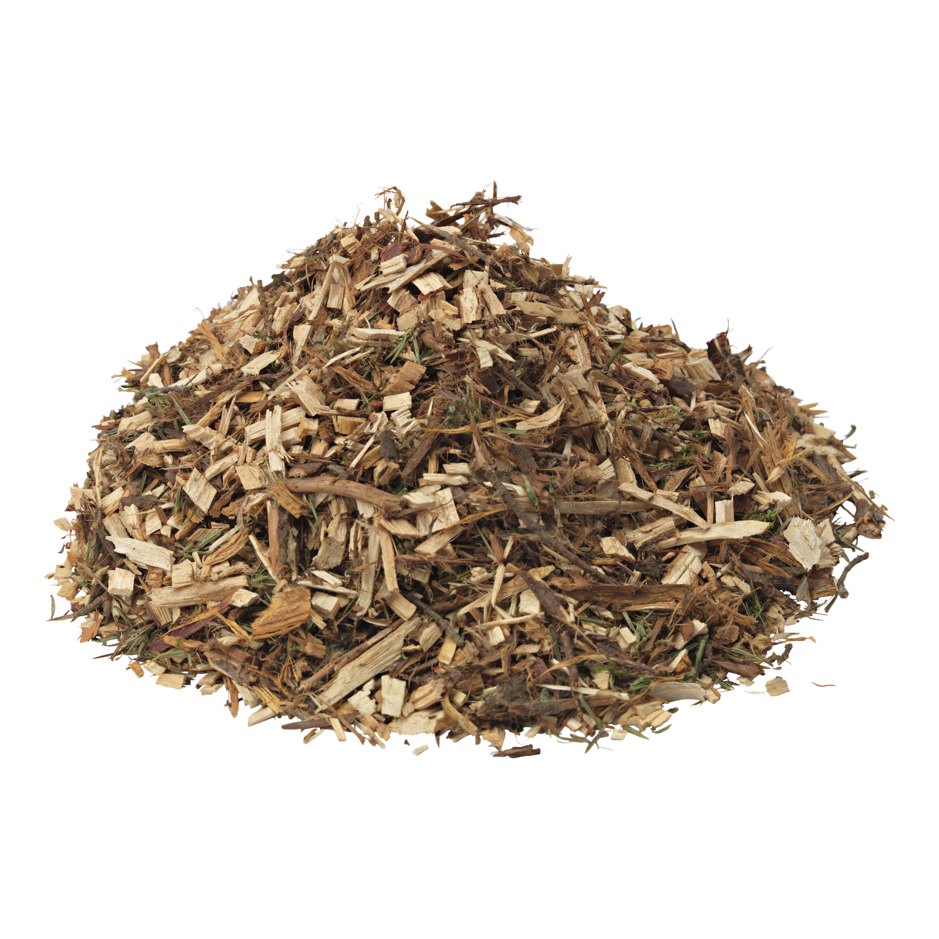 En hög med Lilla Rökeriet Smoke Chips bestående av torra, sönderrivna träfragment och små kvistar.
