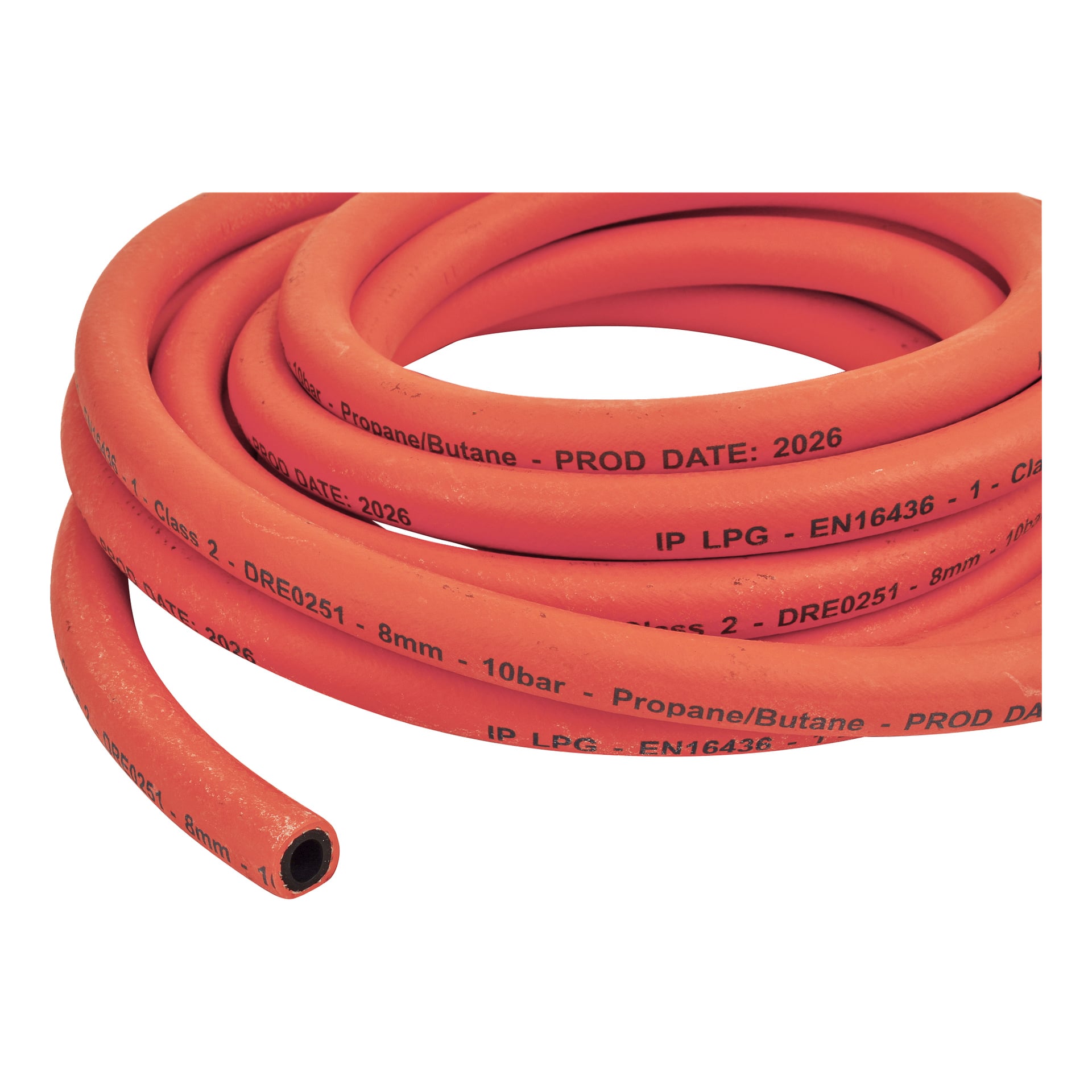 Zwinięty pomarańczowy wąż Industriprodukter LPG, oznaczony do zastosowań propanowych, butanowych i LPG, ma średnicę 8 mm i jest ocenzony do ciśnienia 10 barów, z rokiem produkcji "2026" na boku.