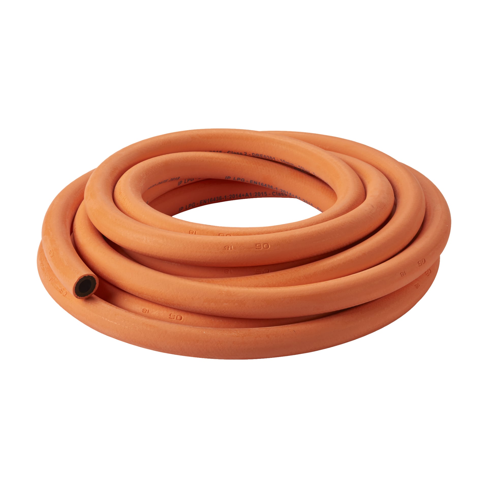 En coiled Industriprodukter LPG-slange laget av oransje gummi med hul midt vises. Slangen ser fleksibel ut og er ment for transport av væsker eller gasser.
