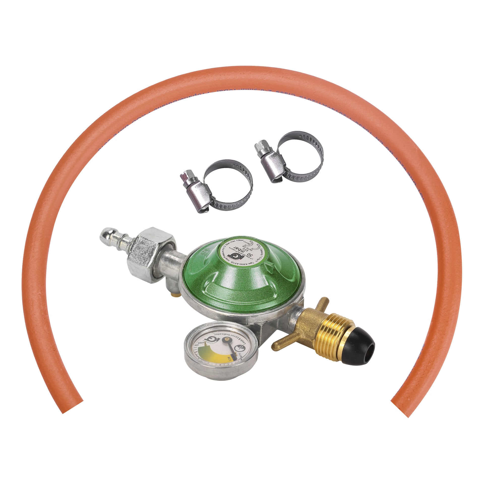 En gasregulator med tryckmätare, en orange flexibel slang och två justerbara metallklämmor placerade tillsammans.
