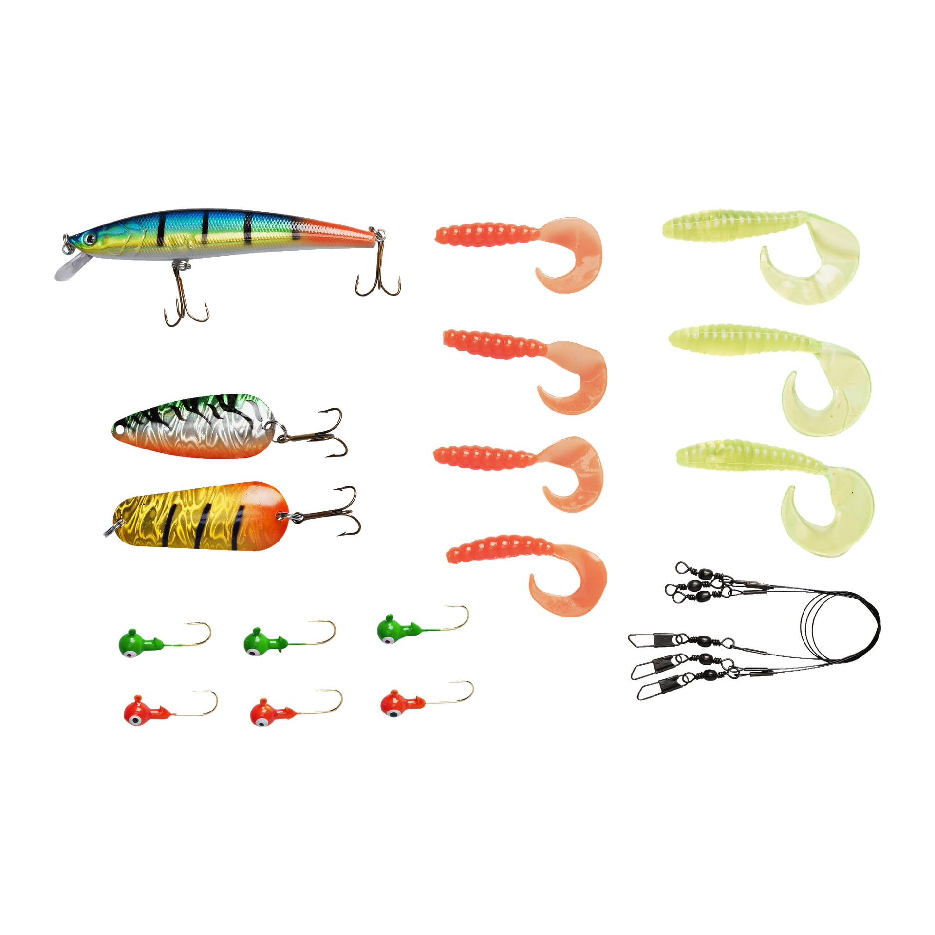 En prydligt arrangerad samling av 19 Abu Garcia-fiskeriggar visar olika drag och krokar, såsom plastmaskar, jigghuvuden, ett hårt bete och svivlar med tryckknappar, vilket möjliggör enkel jämförelse.
