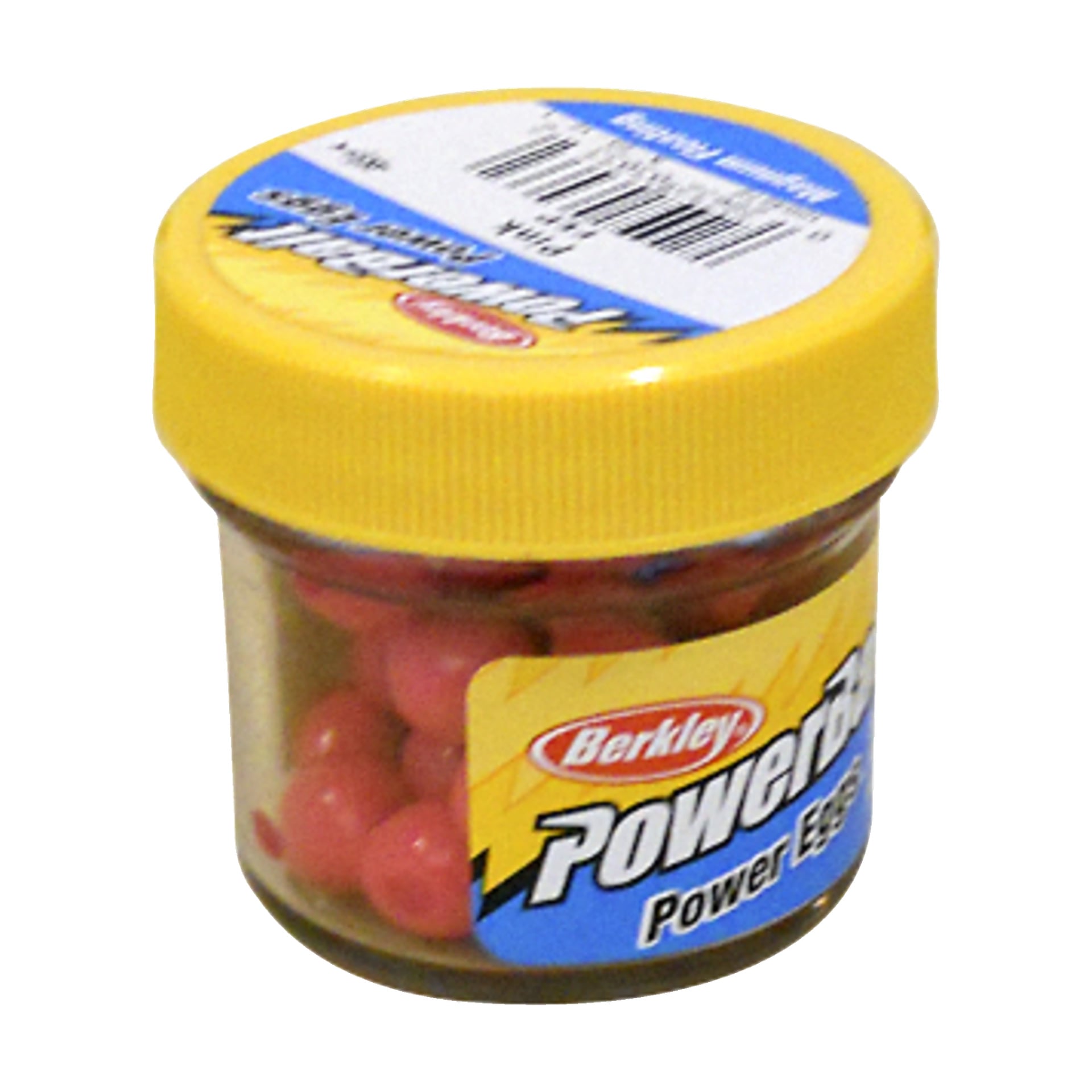 En liten genomskinlig plastburk med gult lock visar Berkley Powerbait Power Eggs-etiketten och innehåller rosa fiskebetesägg.