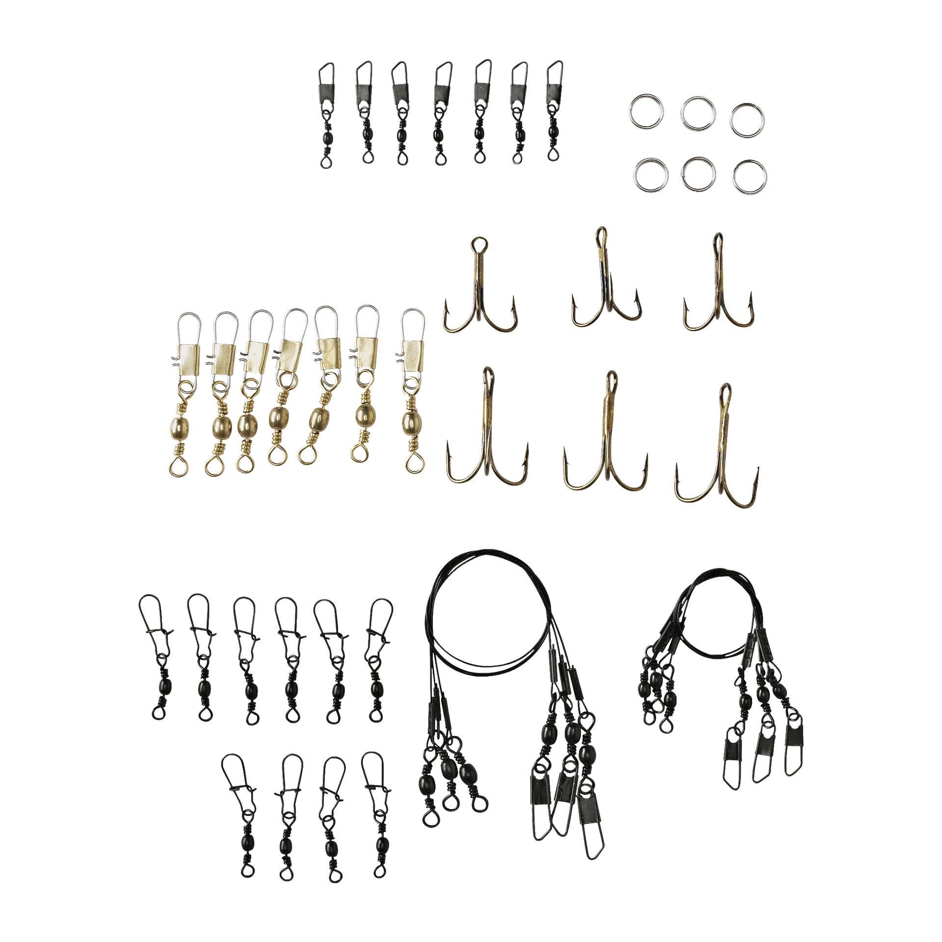 En prydligt organiserad utställning av Abu Garcia Accessoarset med 42 delar, inklusive metallsvivlar, delade ringar, diskantkrokar och två set med taflar med svivlar.