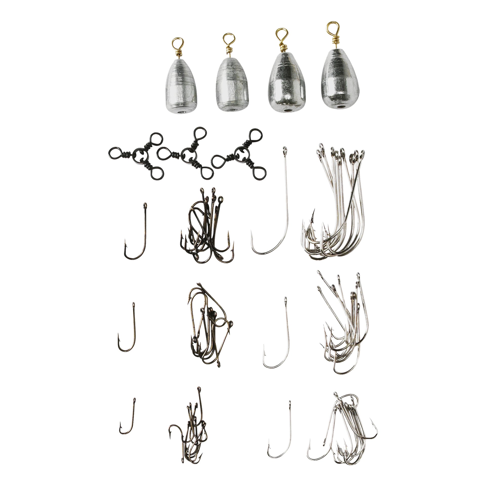 Abu Garcia Bottom Fishing Set visar ett urval av fiskeredskap, såsom fyra silverfärgade sänkor med guldöglor, tre svarta svivlar, flera treblekrokar och en mängd enkla krokar i olika storlekar och finishar—allt organiserat i ordnade rader.