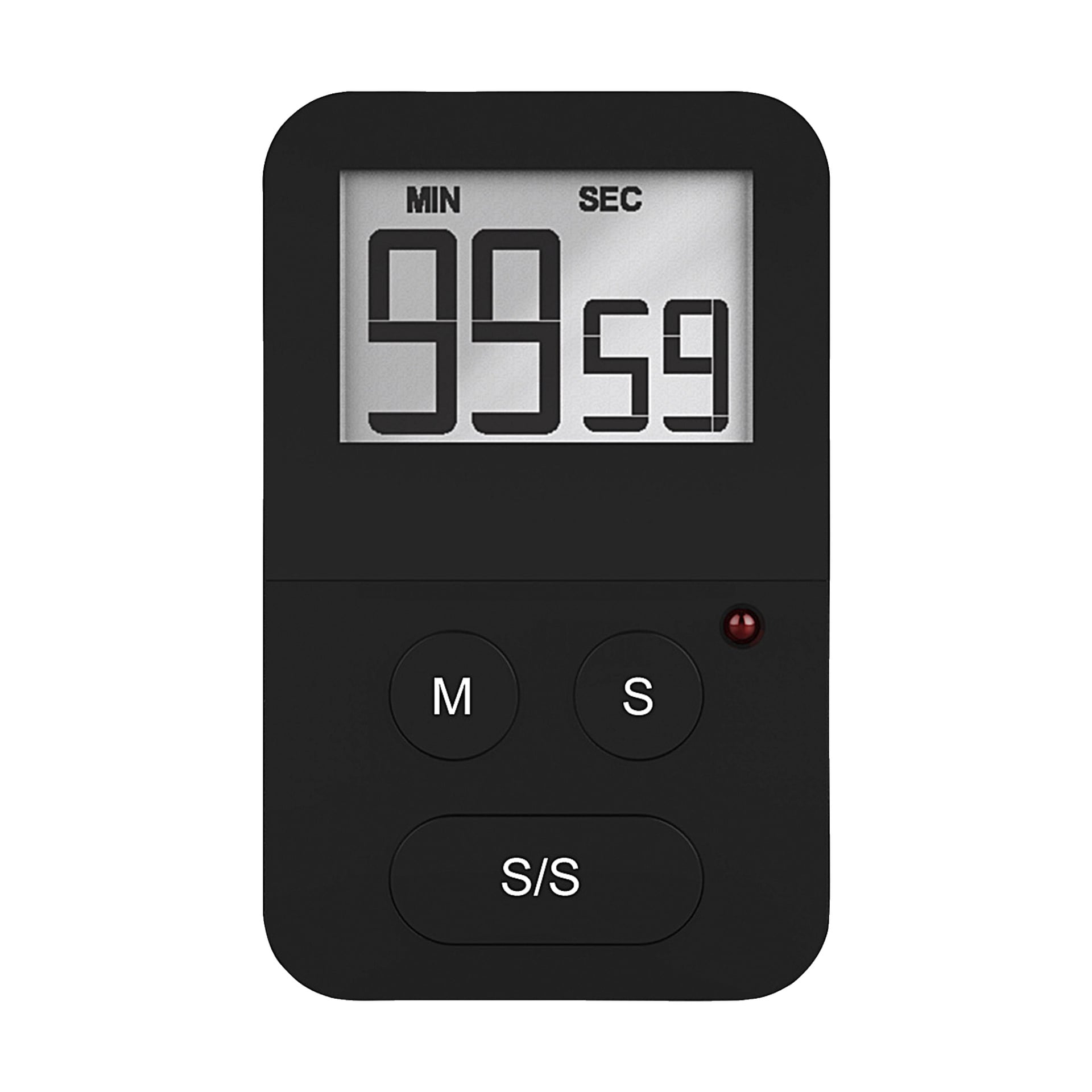 Musta Menuett-keittiöajastin digitaalisella näytöllä näyttää 99:59. Näytön alla on kolme painiketta—M, S ja S/S—ja keskimmäisen painikkeen oikealla puolella on pieni punainen merkkivalo.