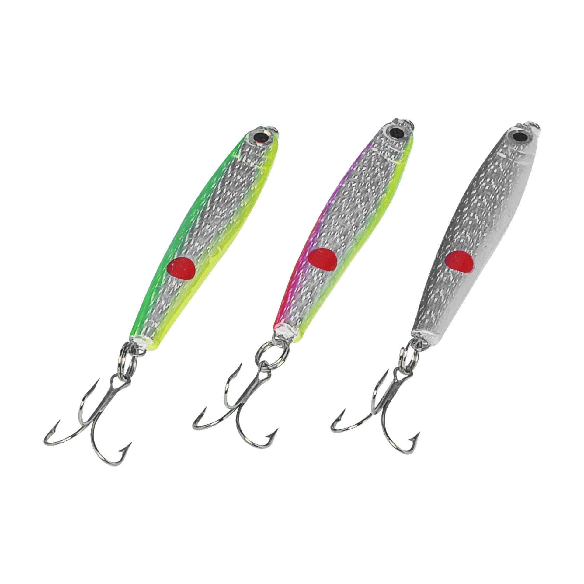 Tre Abu Garcia-fiskebeten står uppradade sida vid sida. Varje metalliskt drag har en treble-krok, en glänsande silverkropp med en röd prick, och har antingen gröna ränder, rosa ränder eller enkla silversidor. Setet innehåller tre delar.