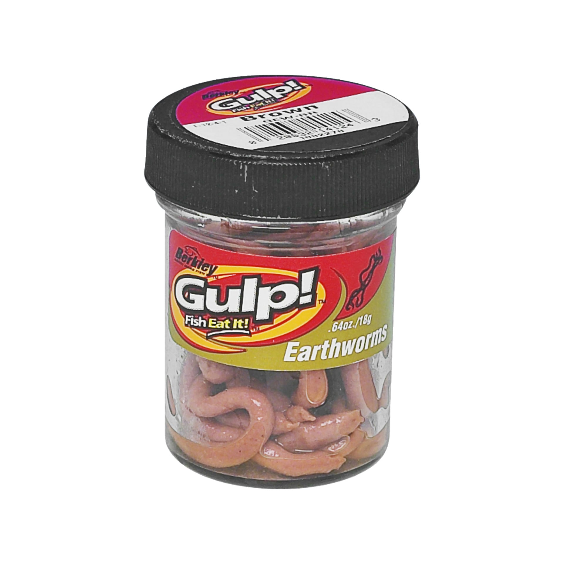 En plastburk med svart lock visar Berkley Powerbait Gulp Power Naturals-etiketten, vilket visar att den innehåller 12 konstgjorda daggmaskbeten. Burkens gula etikett har röda detaljer och har reklamtext för fiske.