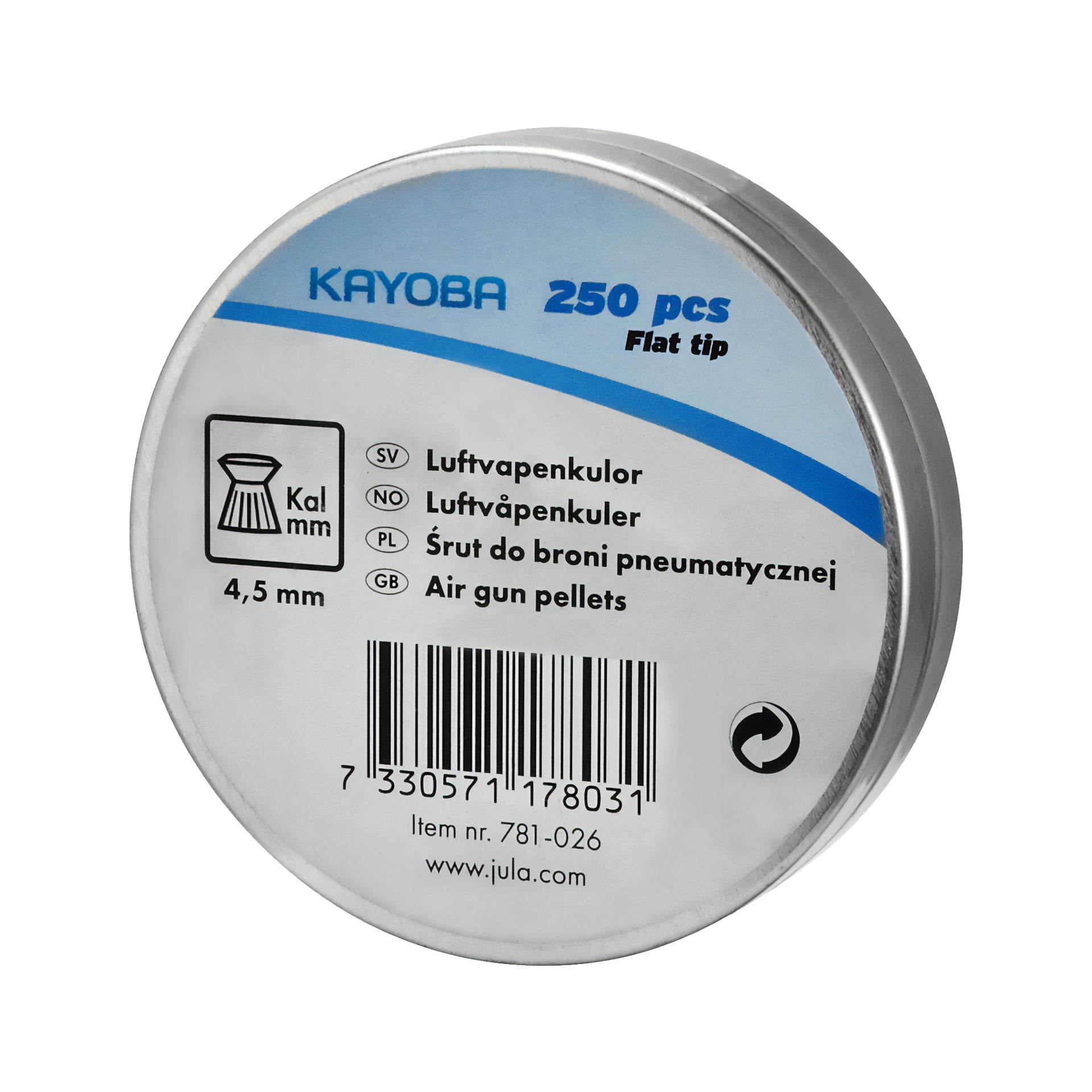 Ett runt burkpaket märkt Kayoba Airgun Pellets 250 innehåller 4,5 mm luftgevärskulor, med produktdetaljer, streckkod och olika beskrivningar på locket.
