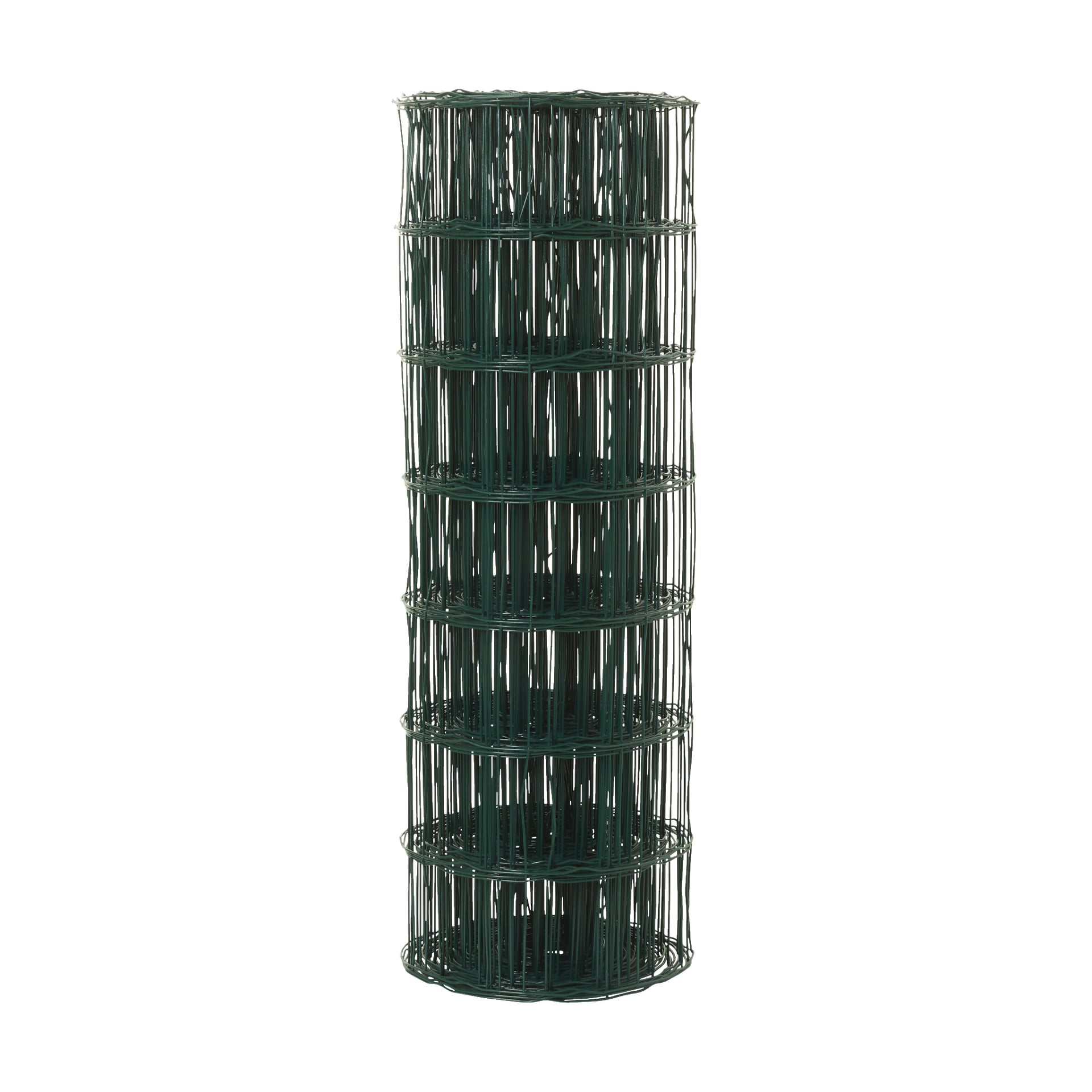 En upprätt rulle av Axley Wire Netting Eurofence står med en hög, cylindrisk form och visar jämnt fördelade horisontella och vertikala trådar.