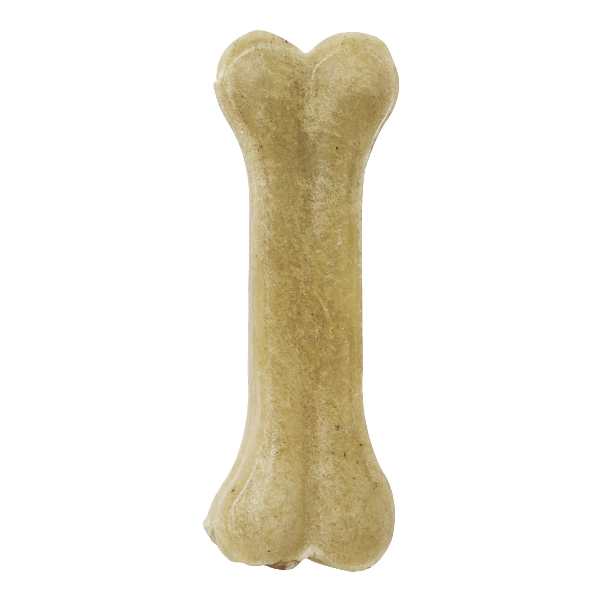 Et lysebrunt Petcare Chewing Bone er avbildet ovenfra, med avrundede tupper og en glatt, lett teksturert overflate.