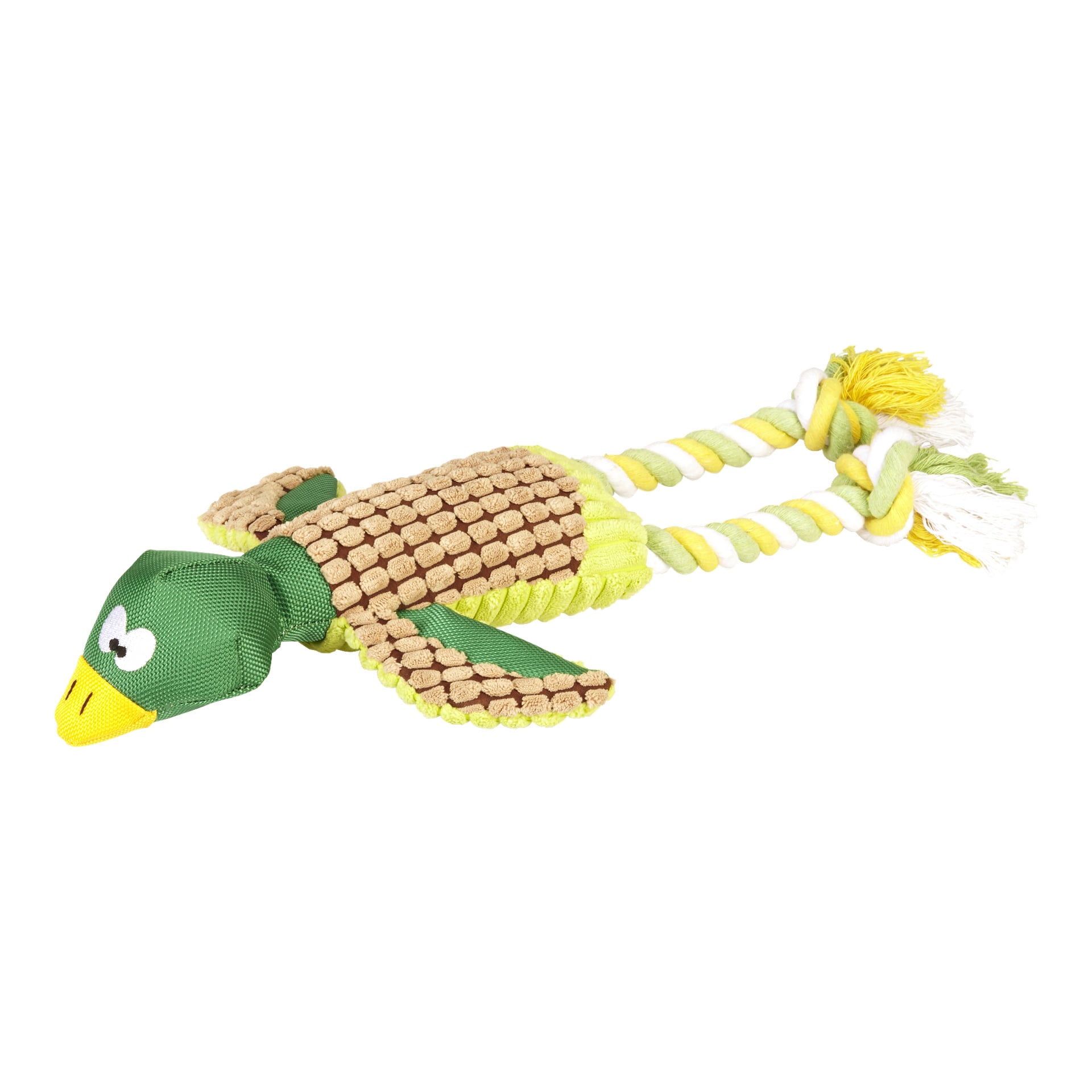 Kayoba Dog Toy är formad som en anka, med grönt huvud, gul näbb, bruna och gula vingar samt starka repben som slutar i gula och vita knutar. Dess texturerade design uppmuntrar till tuggande och gör den idealisk för interaktiv underhållning.