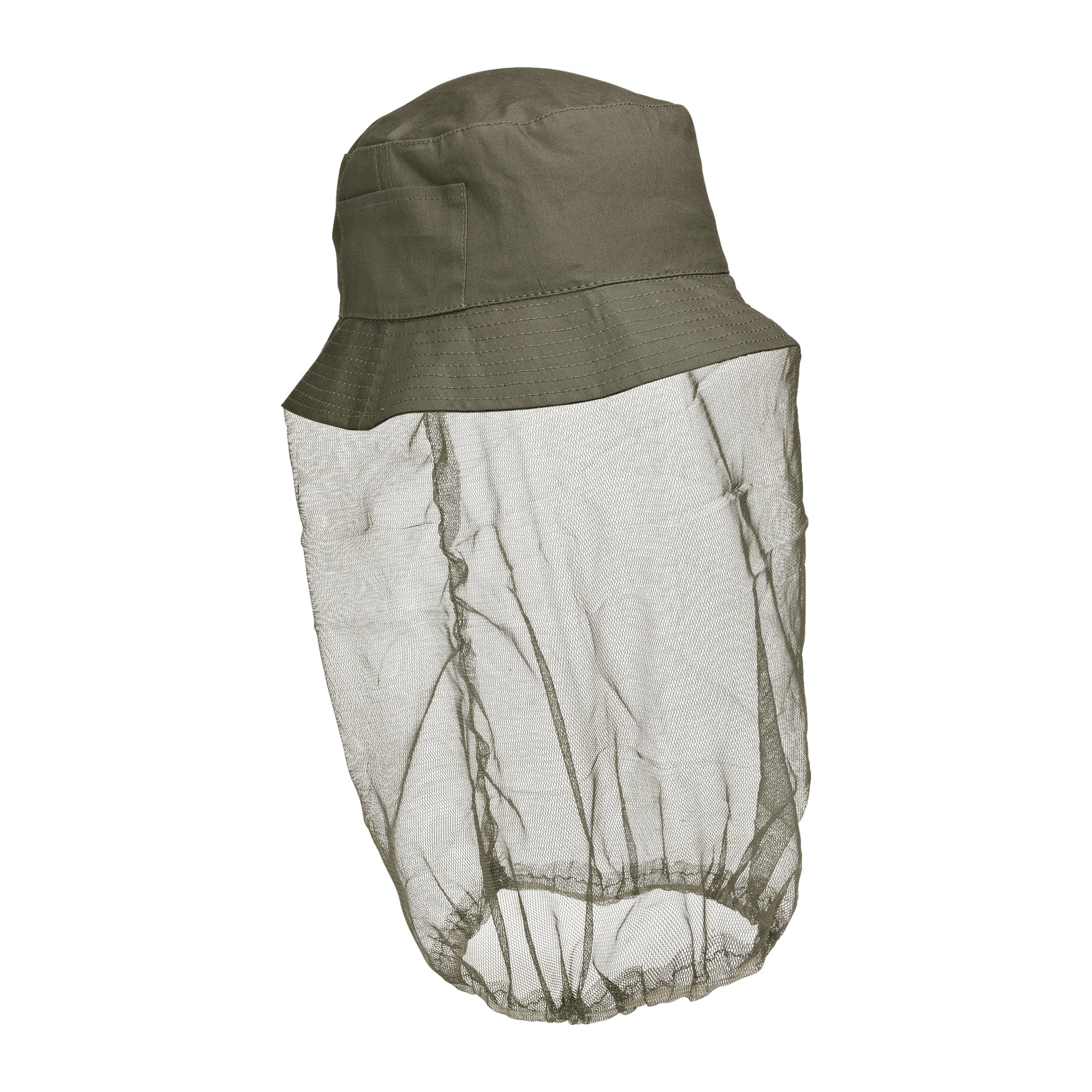 Oliwkowozielona czapka Bluewear typu bucket z wbudowaną cienką siatką, która zwisa w dół, zapewniając ochronę głowy i szyi przed owadami.