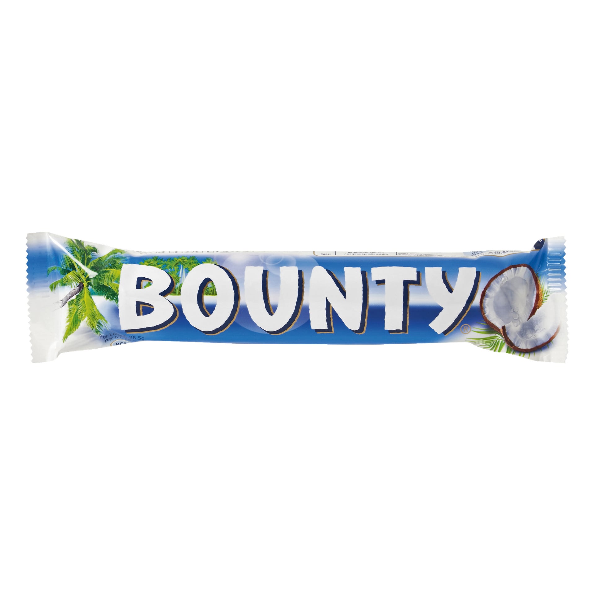 En Bounty-bar pakket inn i sin velkjente blå og hvite emballasje, med Bounty-logoen, palmetregrafikk og et bilde av en halvert kokosnøtt.