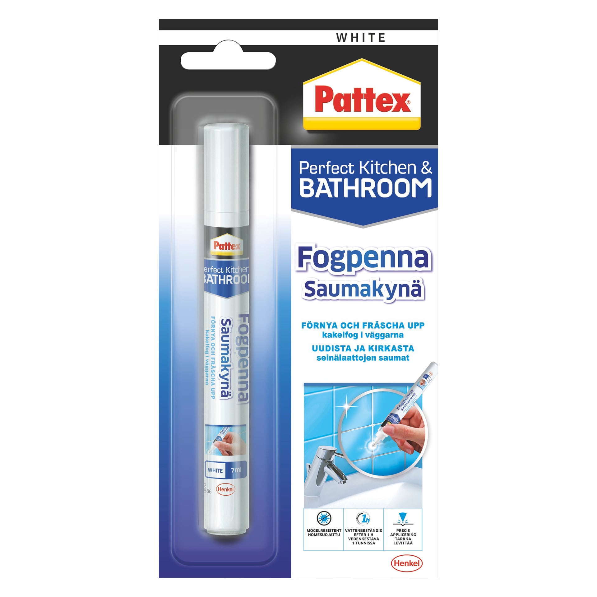 Pattex Grout Pen Grout Reviver, 7 ml, vit, i förpackning med bruksanvisning och bilder som visar dess användning på badrumsplattor.