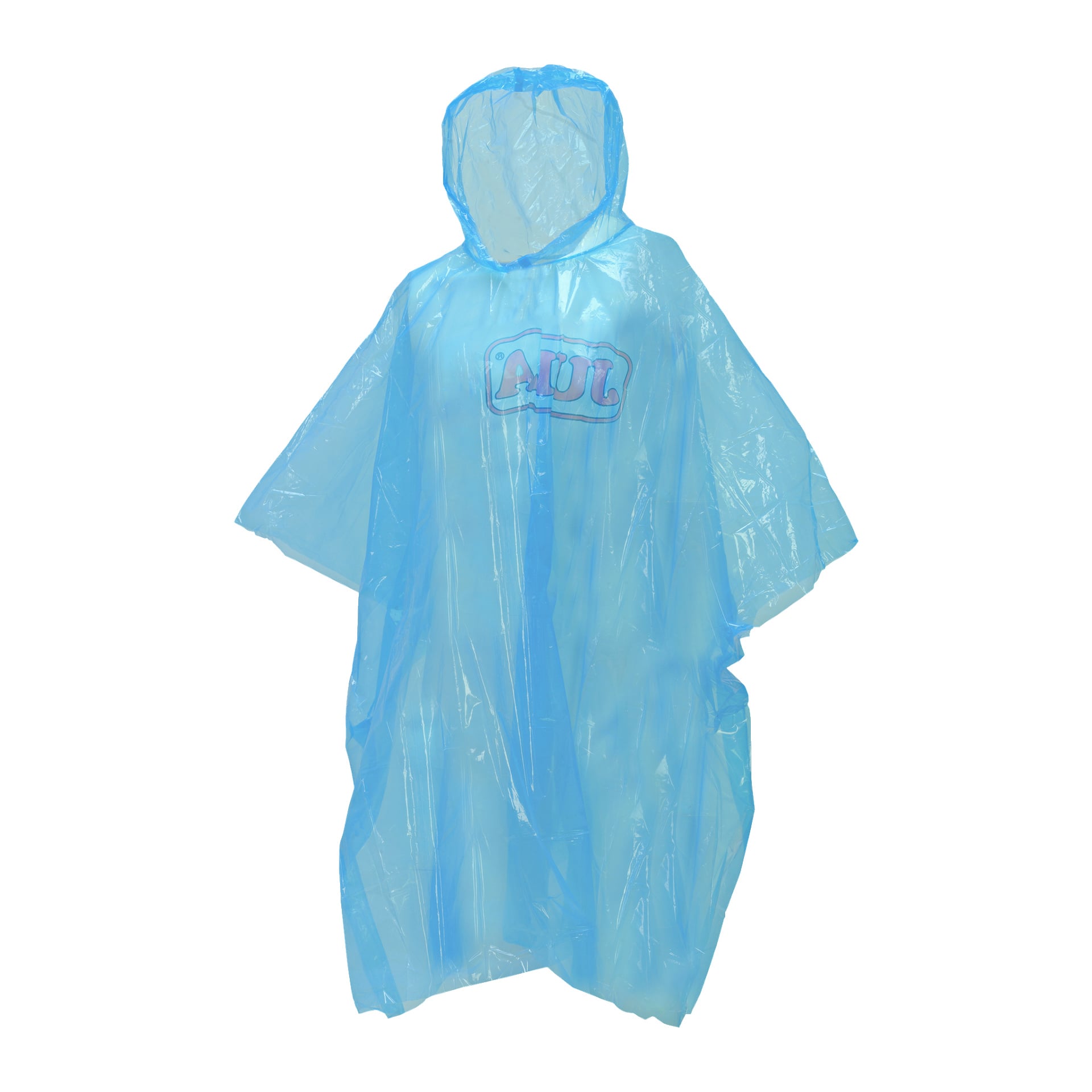 Ein blauer Plastik-Jula-Regenponcho mit einem auffälligen Logo auf der Brust.
