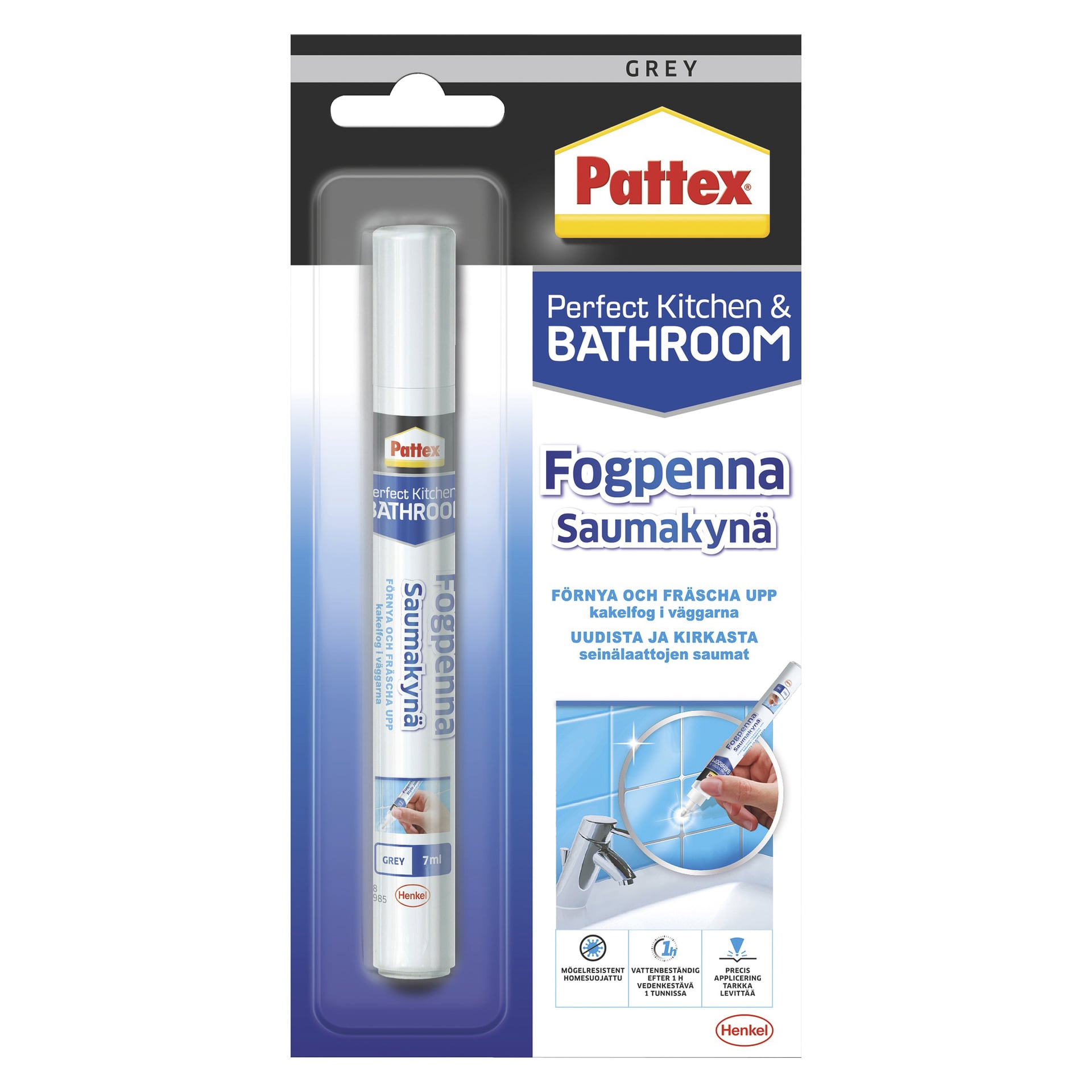 Pattex Grout Pen Grout Reviver i grått, visad i förpackningen med illustrationer som visar hur man använder pennan och detaljer om hur man revitaliserar badrumskakelfog.
