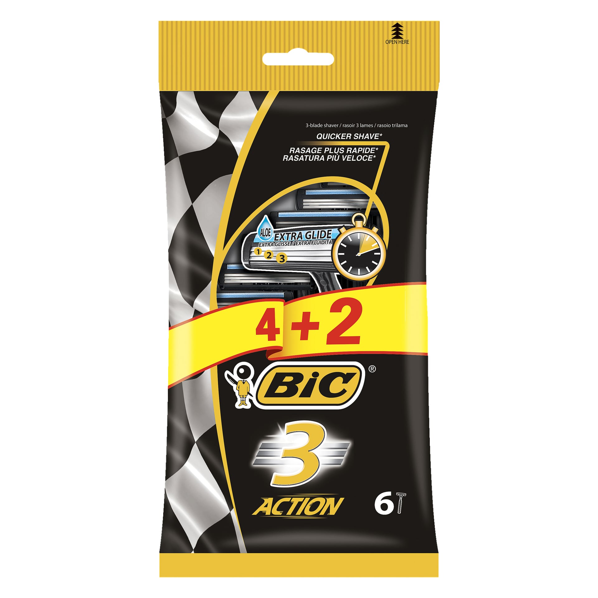Ett paket med Bic 3 Action Disposable Razors som lyfter fram ett "4+2"-erbjudande, totalt sex rakhyvlar. Förpackningen är mestadels svart med gula och vita detaljer och innehåller bilder av en klocka, en aloe-ikon och rakhyveln.