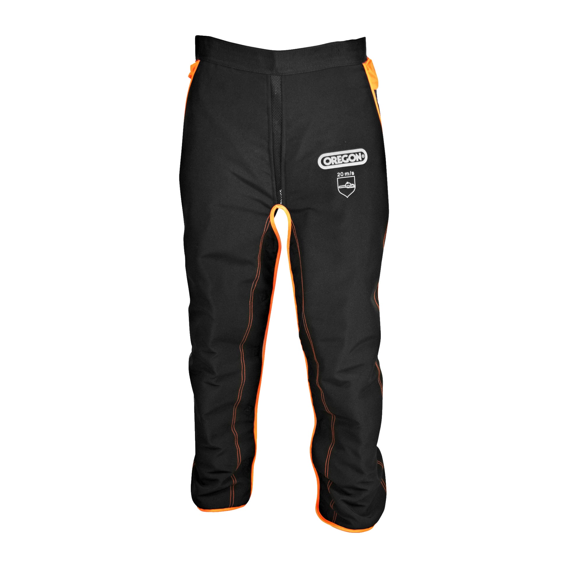 Schwarze Oregon-Leggings mit orangefarbenen Akzenten, die das Markenlogo und eine Sicherheitsbewertung am Oberschenkel tragen. Die Leggings sehen neu und unbenutzt aus.