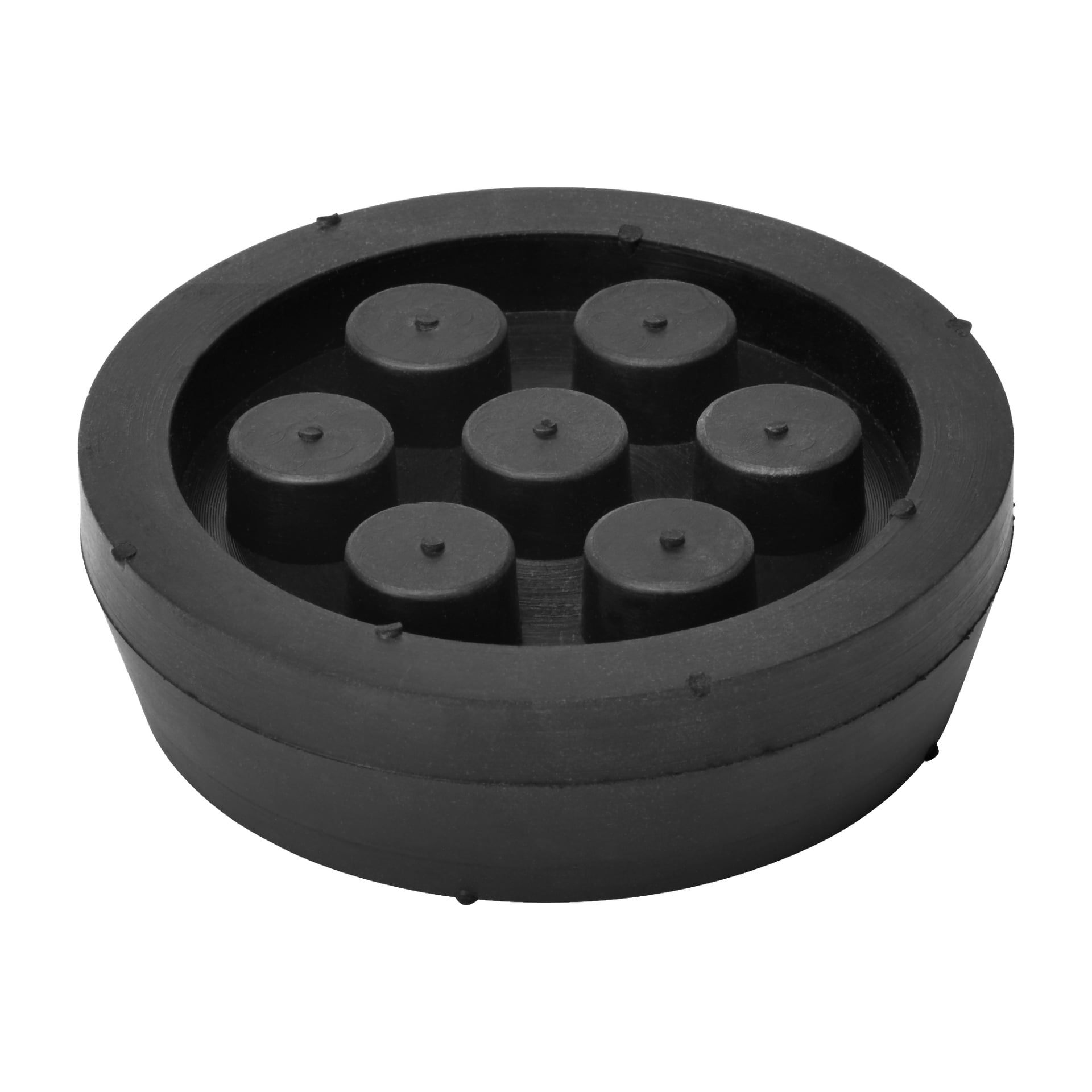 Ett Hamron Lift-skydd med en cirkulär svart plaststruktur, kännetecknad av en upphöjd kant och sju jämnt fördelade cylindriska stolpar placerade i en cirkel inom basen.