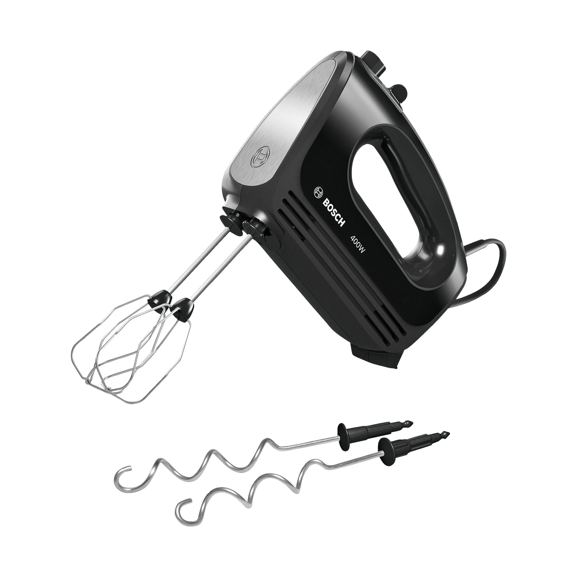 Musta Bosch Home Electric MFQ2420B -käsimikin lepää kyljellään virtajohdon näkyvissä. Vatkaajassa on kaksi litteää vatkainta kiinnitettynä ja pari taikinakoukkukiinnikkeitä juuri edessä.