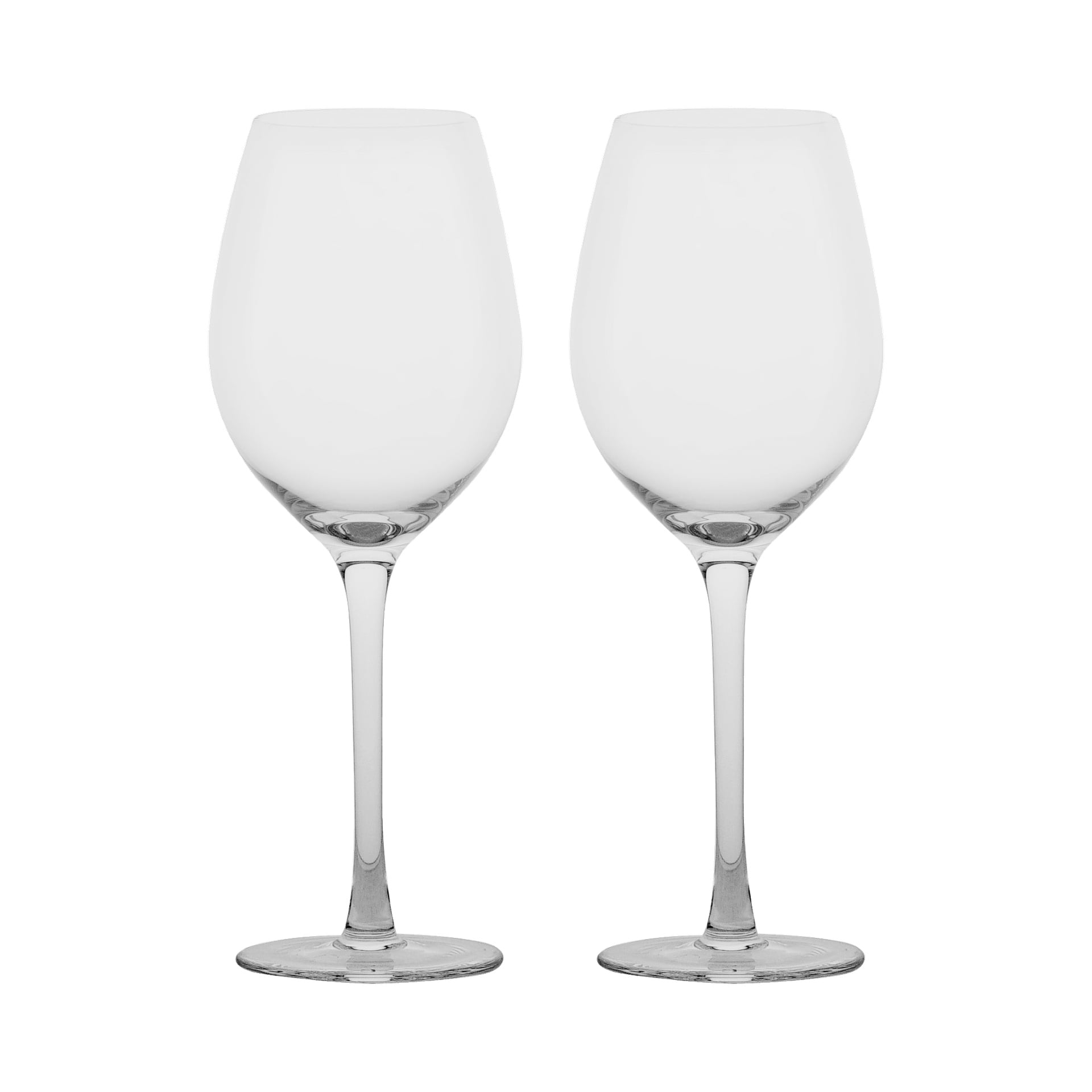 Två Menuett Wine-glas, som säljs i par, är placerade upprätt och parallellt. De är gjorda av klart glas med långa stjälkar och lätt rundade skålar.