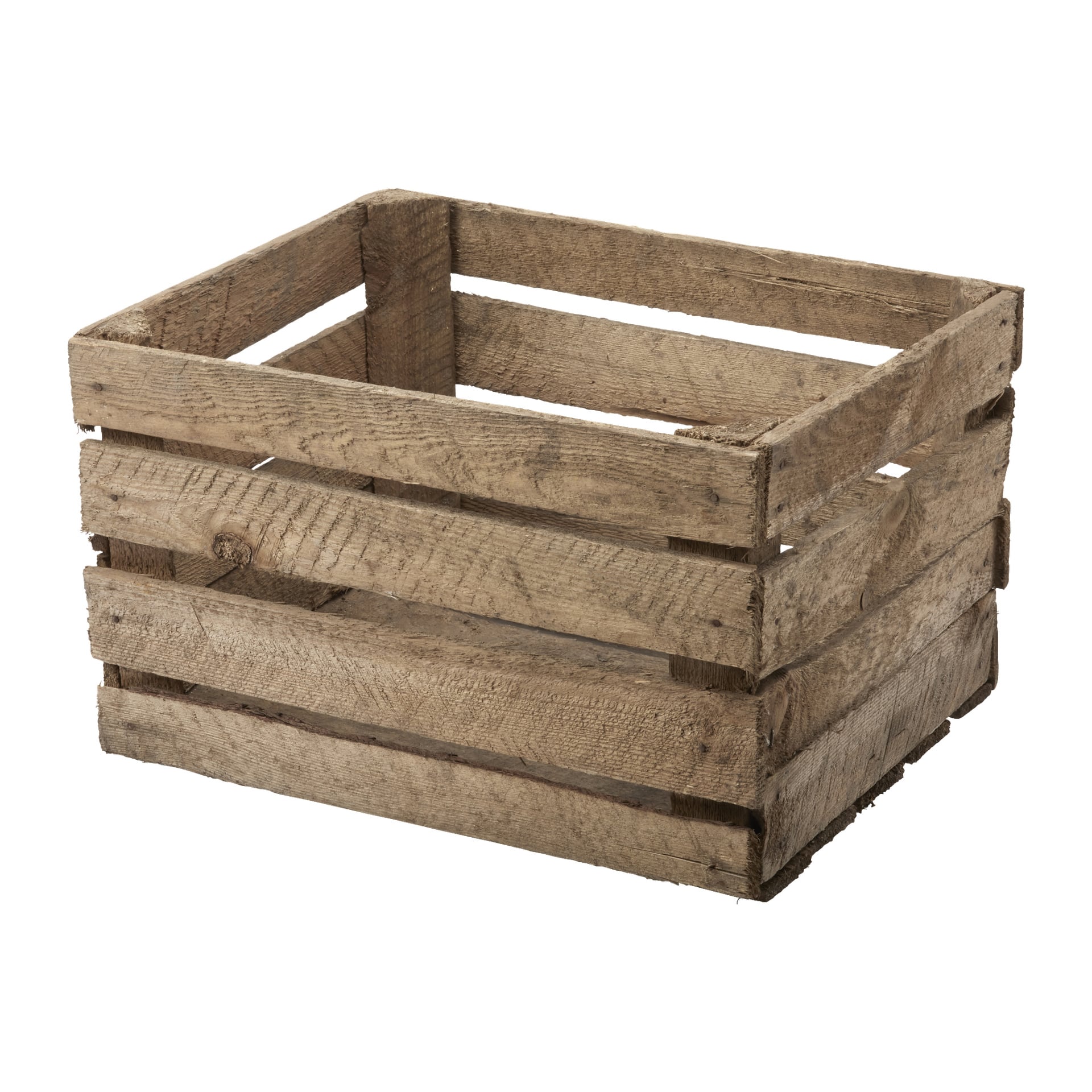 Hard Head Wooden Box har en rektangulær form med åpne lameller langs sidene og bunnen, som viser en grov, uferdig overflate. Boksen er tom.