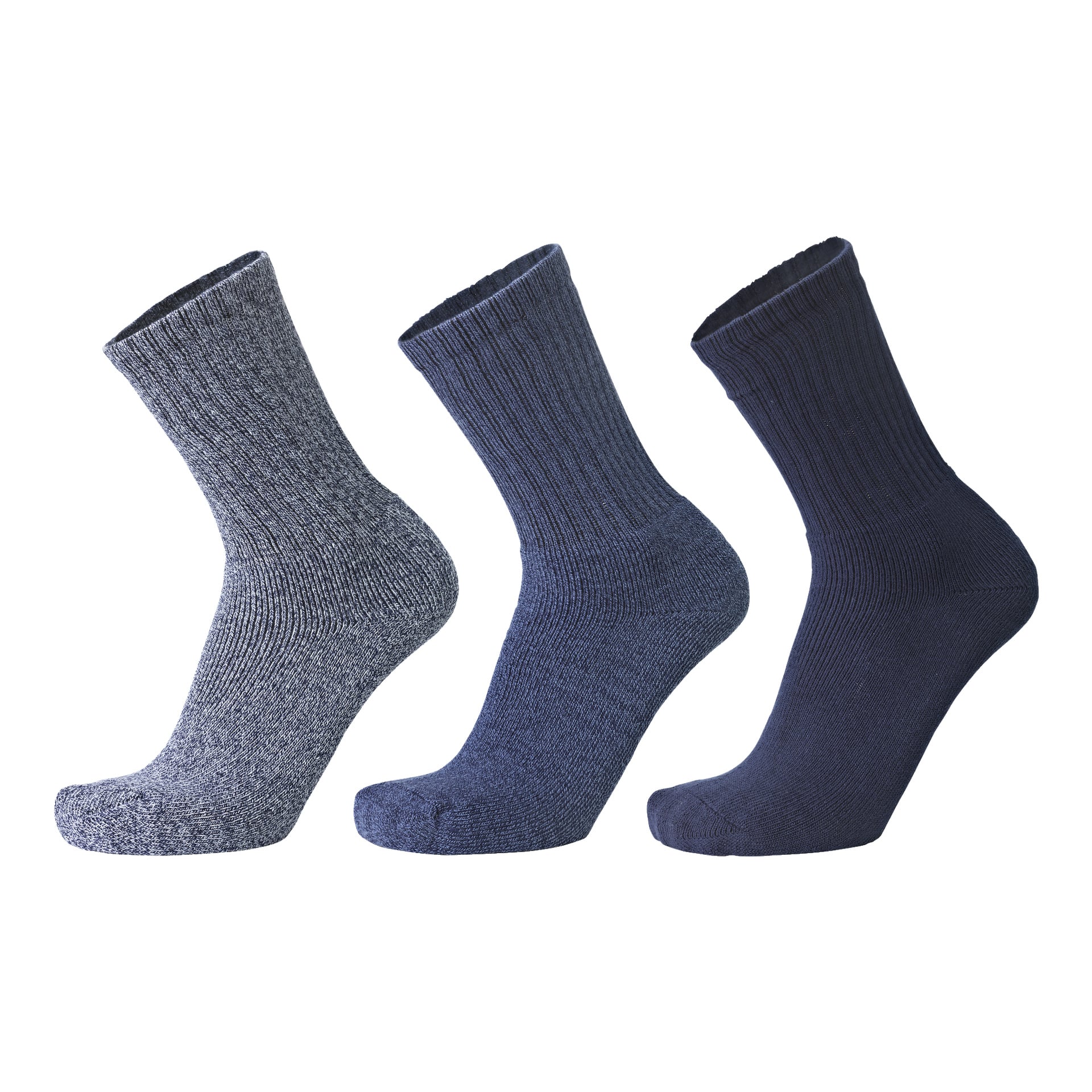 Tre crew-långa strumpor från Bluewear Denim 3-pack visas sida vid sida i ljus ljungblått, mellanblått och mörkmarinblå. Varje strumpa visas på en osynlig fotform.