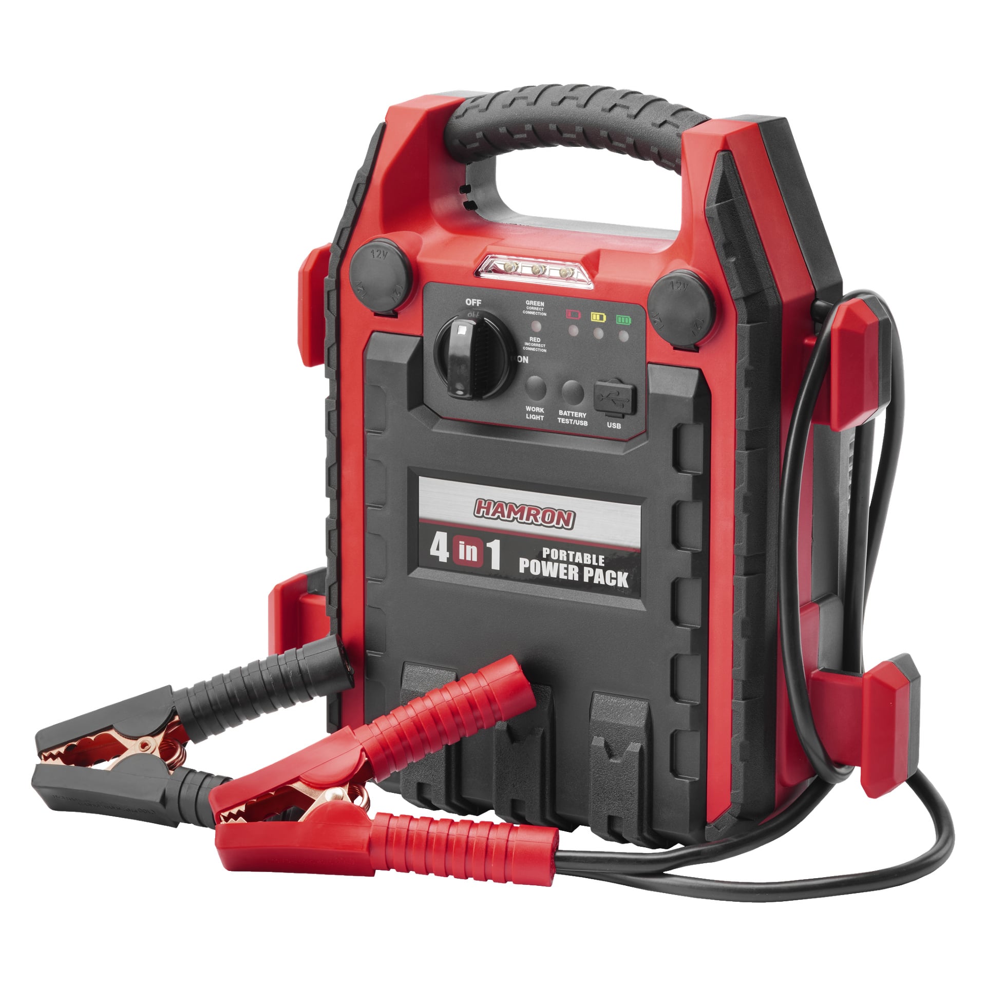 Hamron Jump Starter 4-i-1" portabel strömpack med batterikablar, kontrollratt, indikatorlampor och USB-port.