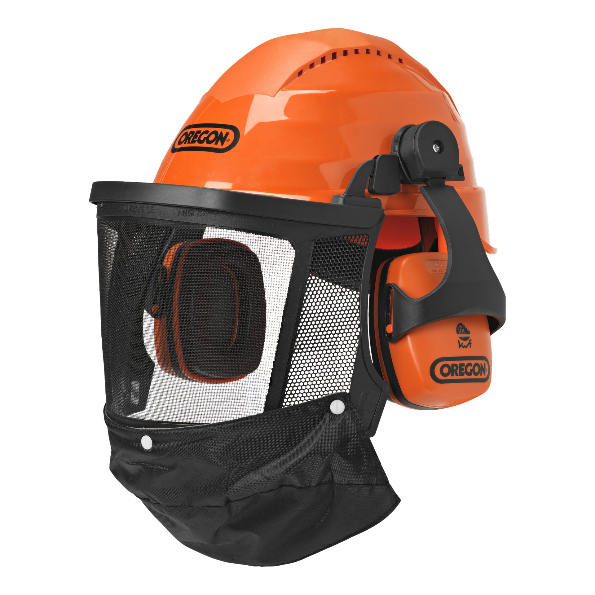 Oregon Safety Helmet Set Waipoua inkluderar en orange hjälm utrustad med svart mesh-visir, integrerade öronskydd och nackskydd. Oregons logotyp syns både på hjälmen och på öronmuffarna.