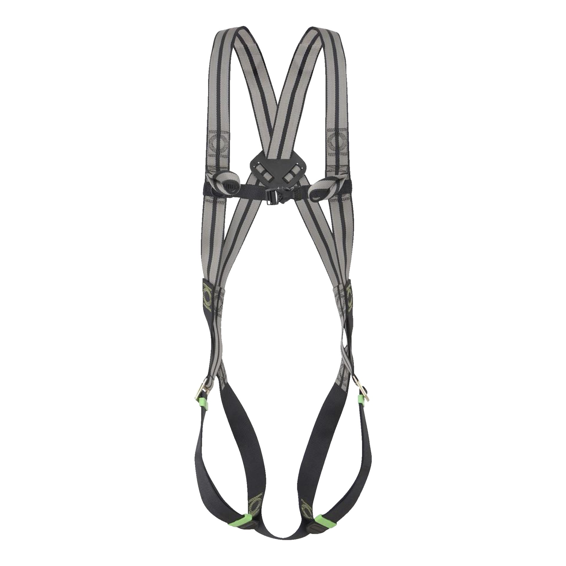 Vi introduserer Kratos Fall Arrest Harness, en grå og svart sikkerhetssele med justerbare stropper, plastspenner og metallringer. Ideell for å sikre personer under bygge- eller klatreaktiviteter.