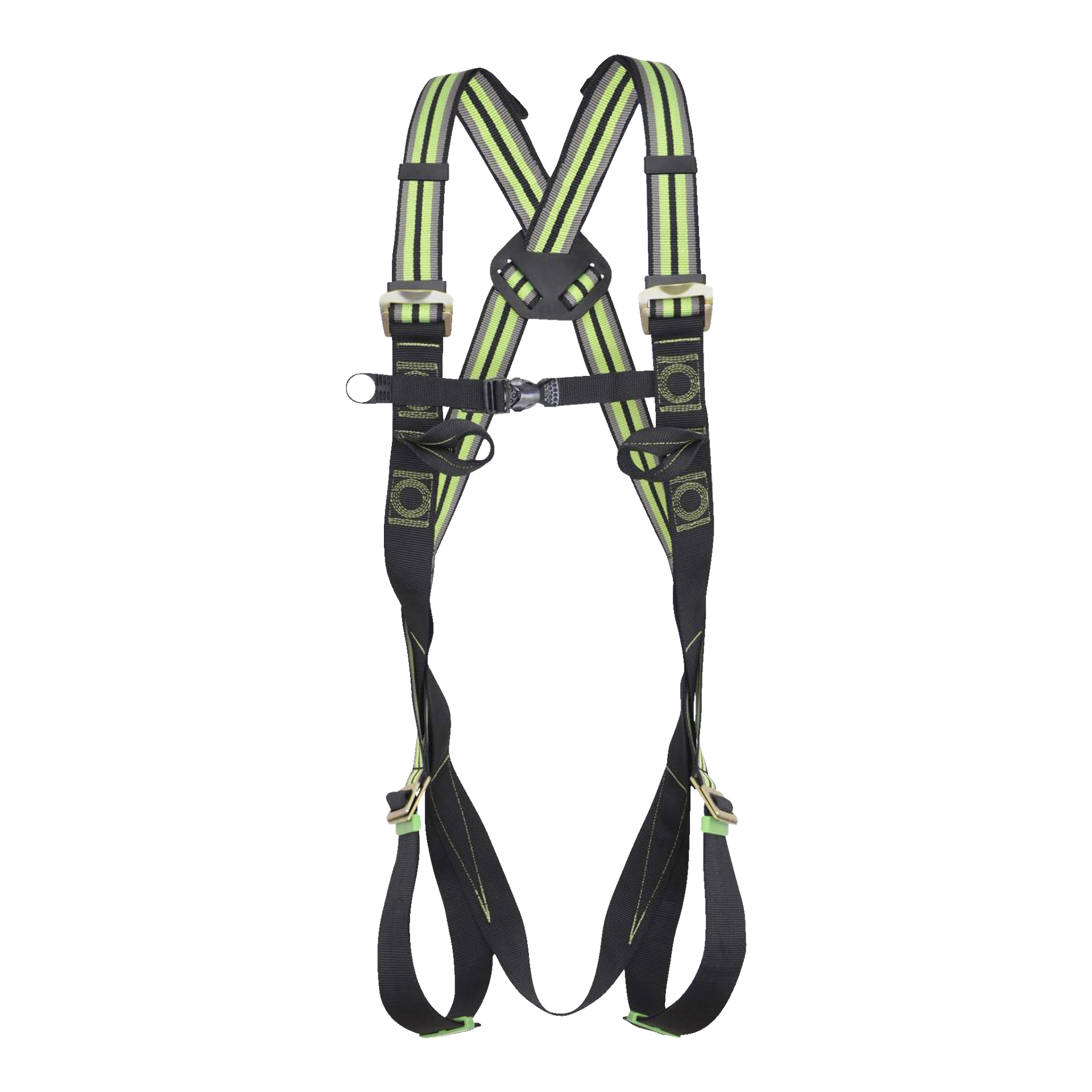 Kratos Fall Arrest Harness on suunniteltu mustilla ja vihreillä hihnoilla, vahvistetuilla ompeleilla ja säädettävillä soljilla, jotka takaavat luotettavan putoamissuojan rakennus- tai teollisuustöissä.
