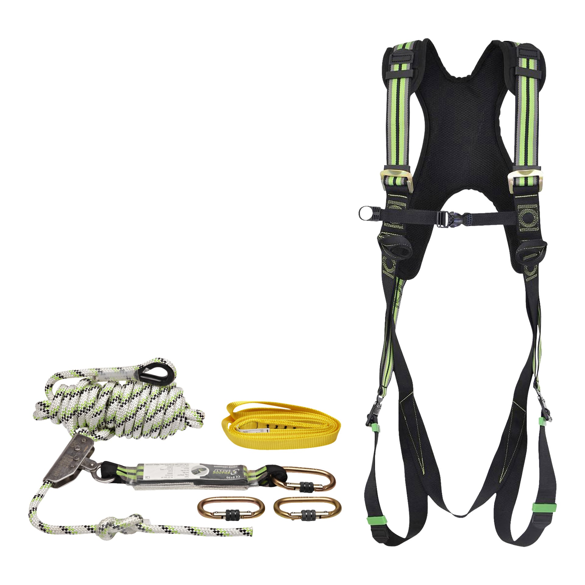 Kratos Fall Arrestor Pack 5 Pieces har en svart och grön säkerhetssele, ett hoprullat vitt rep med svarta lappar, en gul rem, två metallkarbinhakar och en repgreppsfällare.